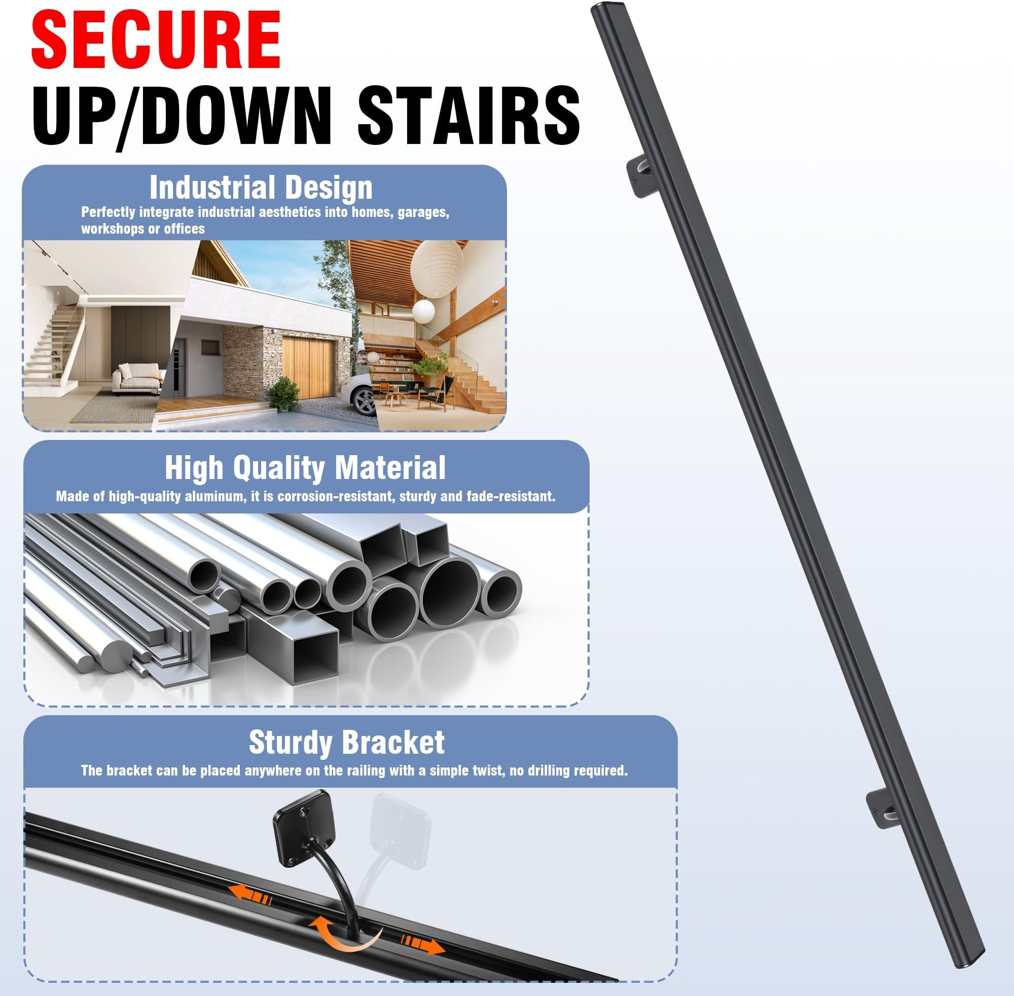 Aoibox Aluminum Pipe Handrail 3ft Black Wall Mounted Stair Railing ...