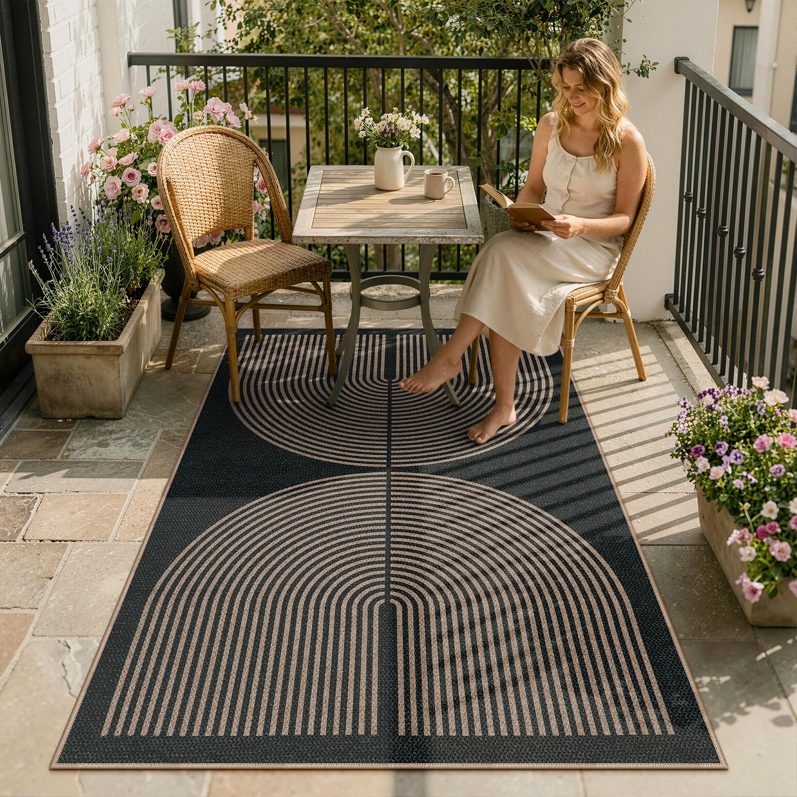 Yichuhaoxi  Modern Rainbow Easy Jute Look Outdoor Patio Rug 3x5 Black Washable Non Slip Area Carpet for Entryway Office Farmhouse Porch Guestroom