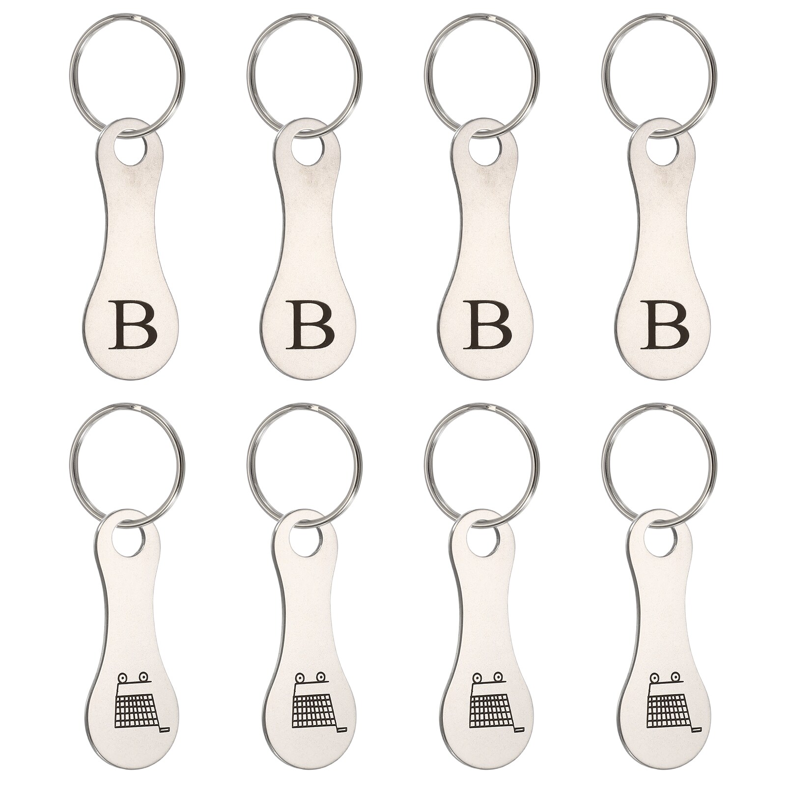 PATIKIL 8pcs Stainless Steel Shopping Trolley Token Metal Quarter Holder Keychain Bulk Shopping Key Ring for Supermarket Shops Silver Tone Engraved Letter B and Pattern Grocery Cart #S26042800UX2746