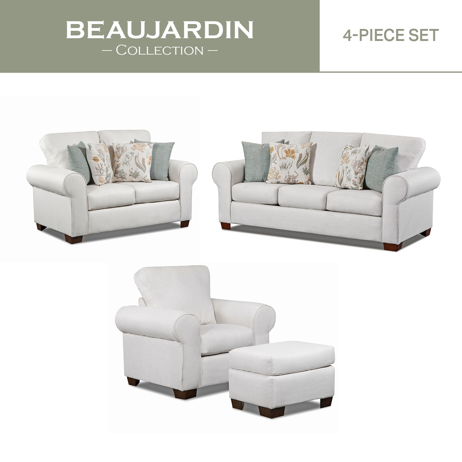 Cream Polyester Transitional 4-Piece Living Room Set