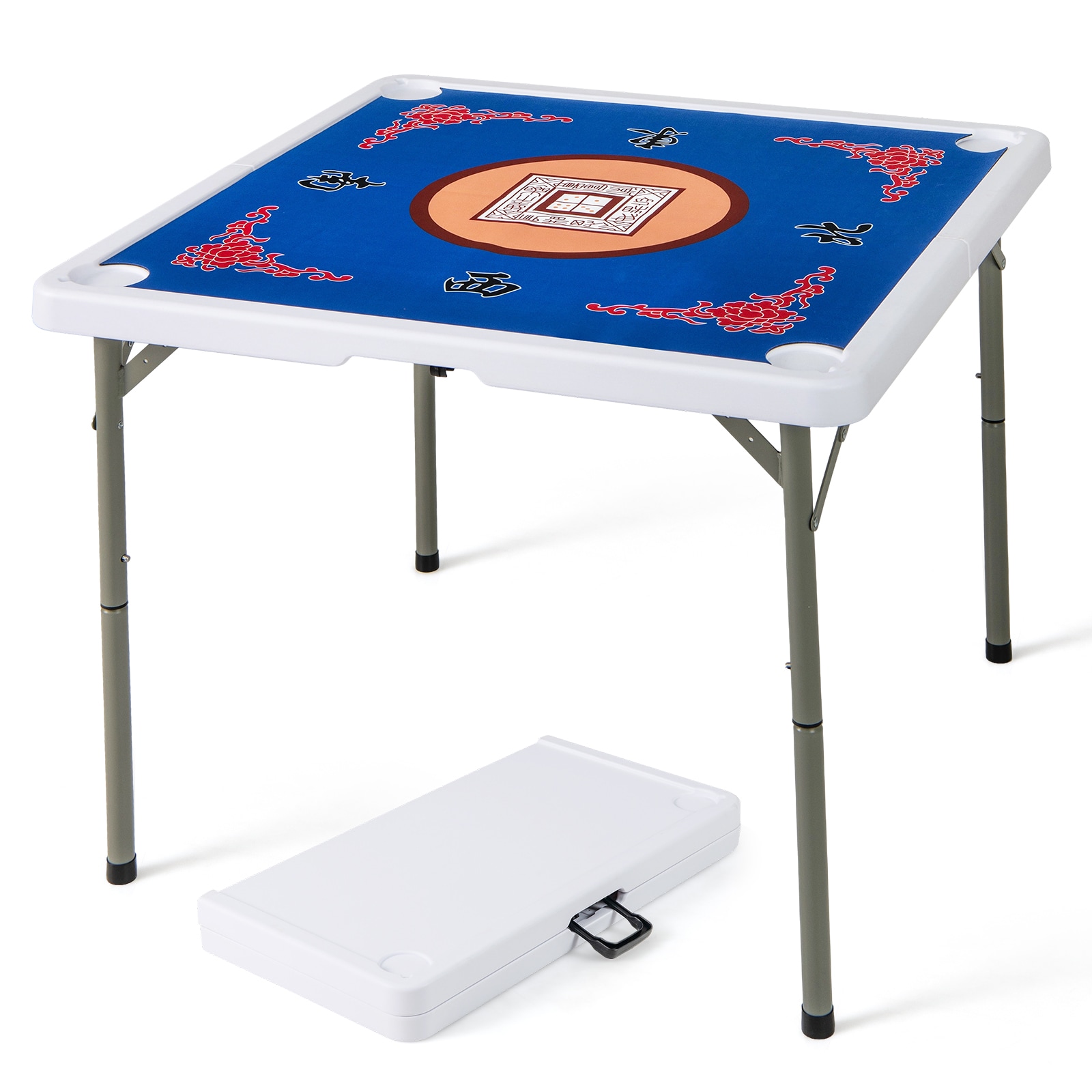 SUGIFT 35-in Folding Mahjong Table for 4 Players with Cup Holders Portable Card Game Table with Felt Mat and Rounded Corners-Blue