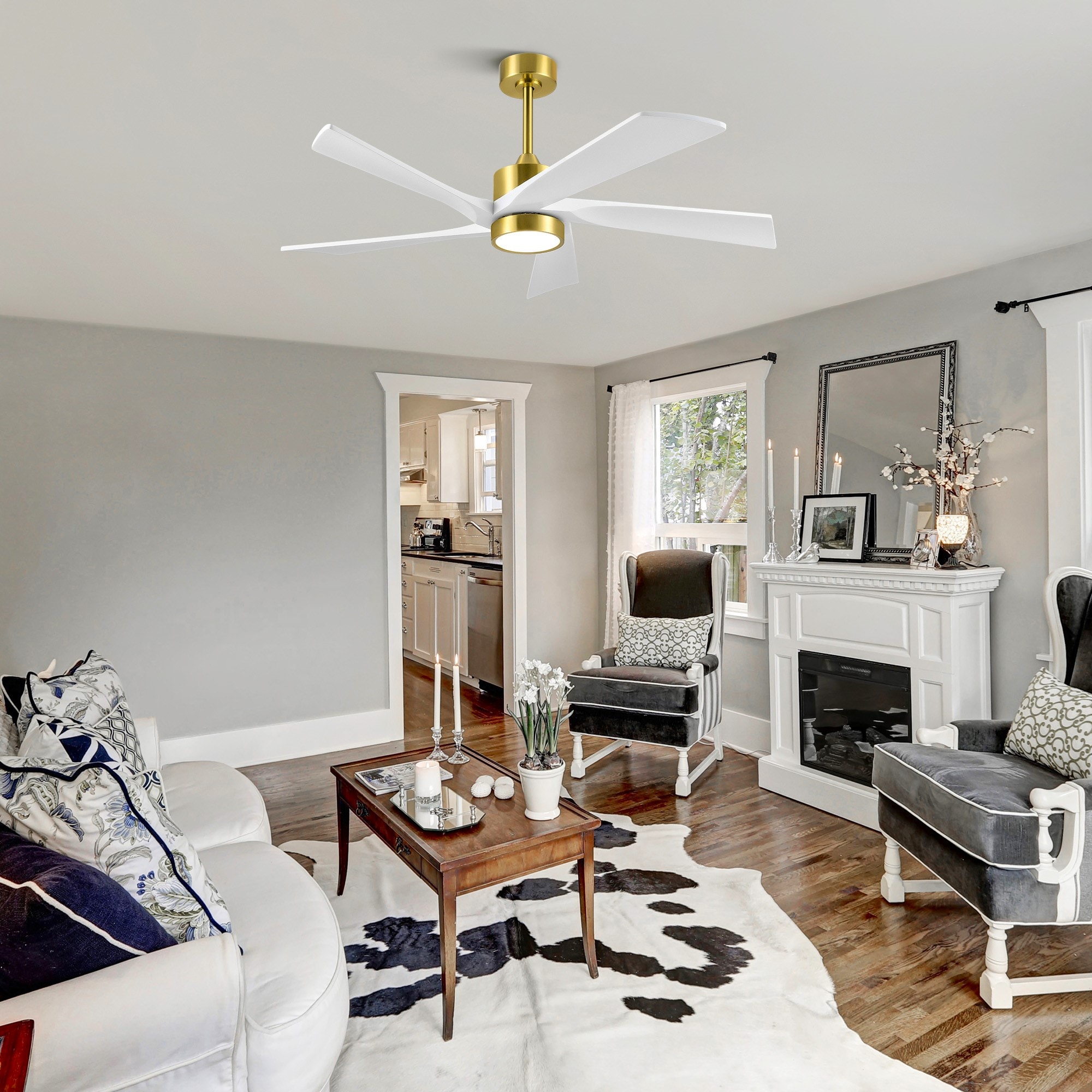 CO-Z CFN-1319-GW 52-in Color-Changing Integrated LED Brass with White Blades Propeller Ceiling Fan With Light - Remote Included ( 5 -Blade )