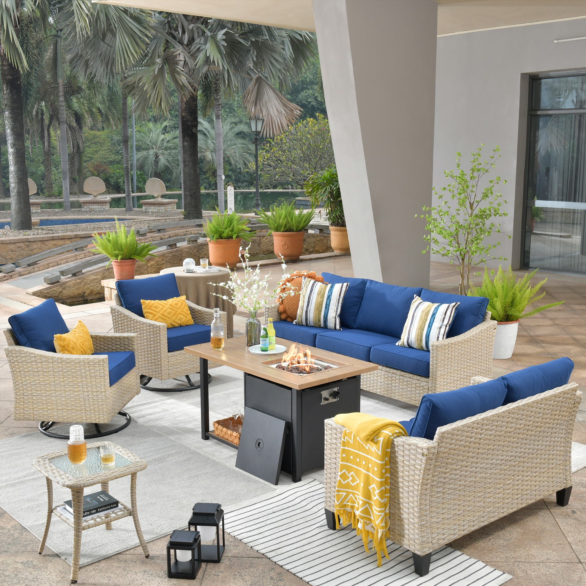 XIZZI XIDARL7064-RC3DFP Aries 6-Piece Rattan Patio Sofa Conversation Set with Blue Cushions