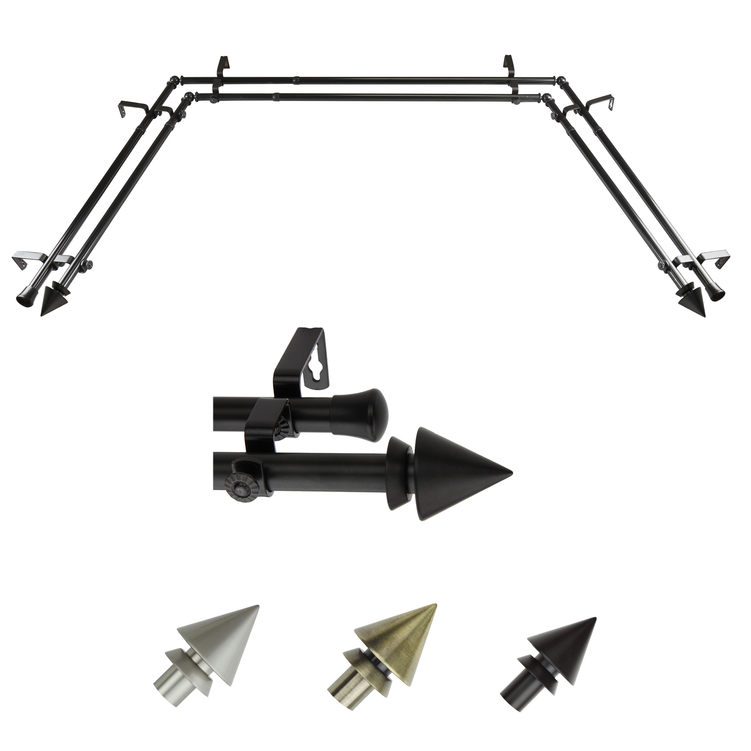Hart & Harlow LO-ABAY-65-2D 72-in to 144-in Black Steel Bay window curtain rod with Finials