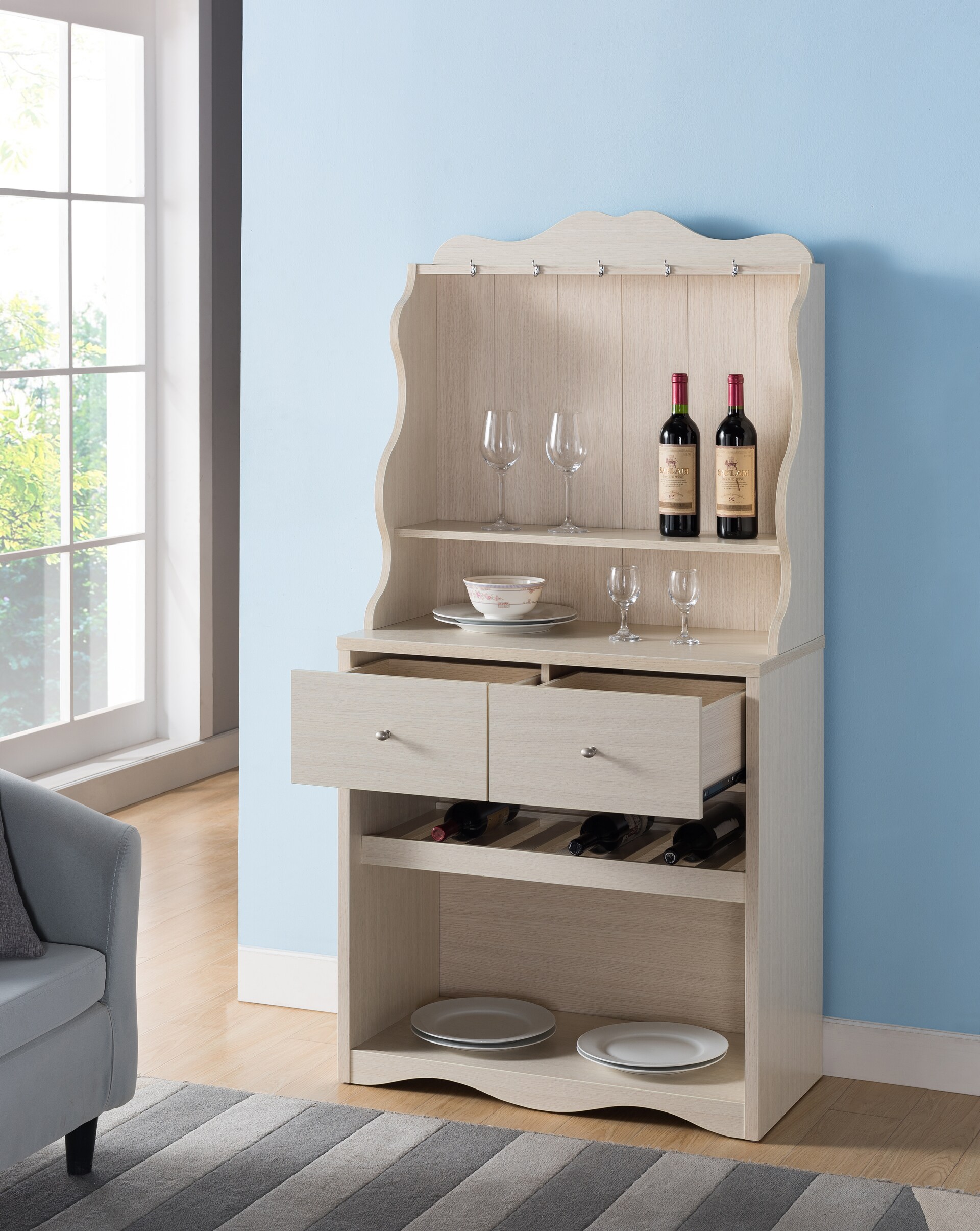 Bakers rack with online drawers and wine rack