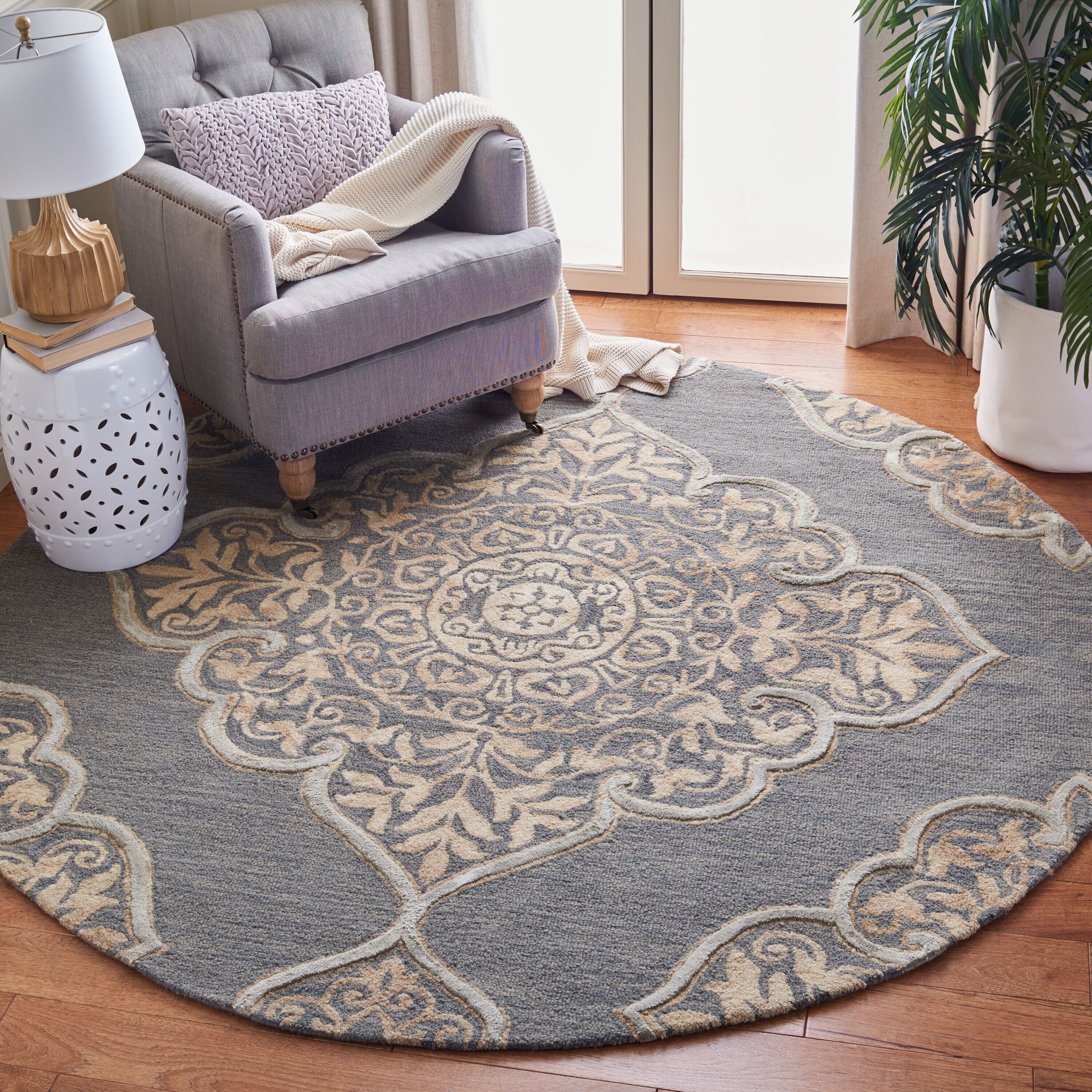  Dip Dye 510 Slate/Beige Traditional 7ft x 7ft Round Rug