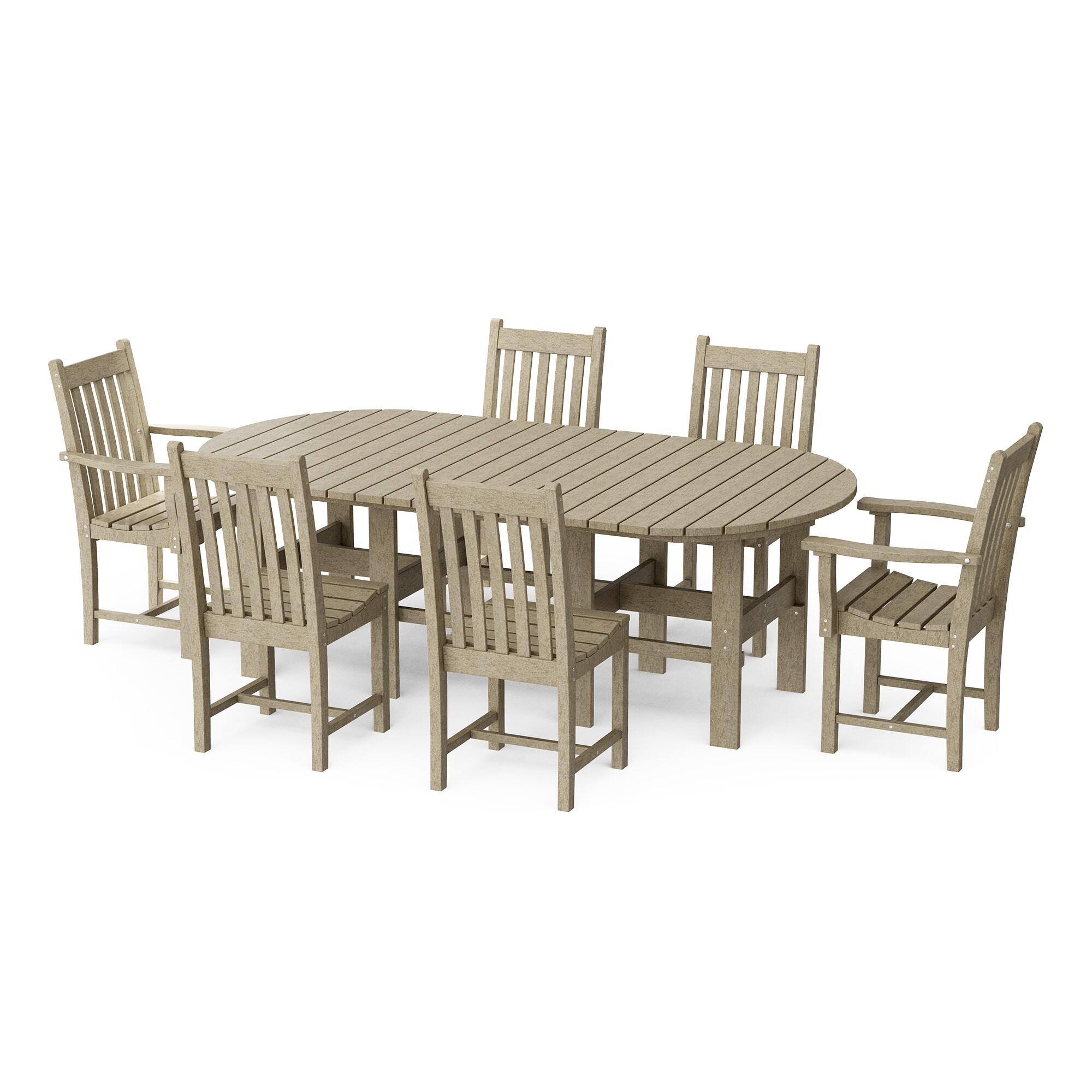 Wildridge LCC-292-WW Classic 44" x 84" 7 -Piece Weathered Wood Patio Dining Set Plastic Oval Table with 6 Stationary Chairs