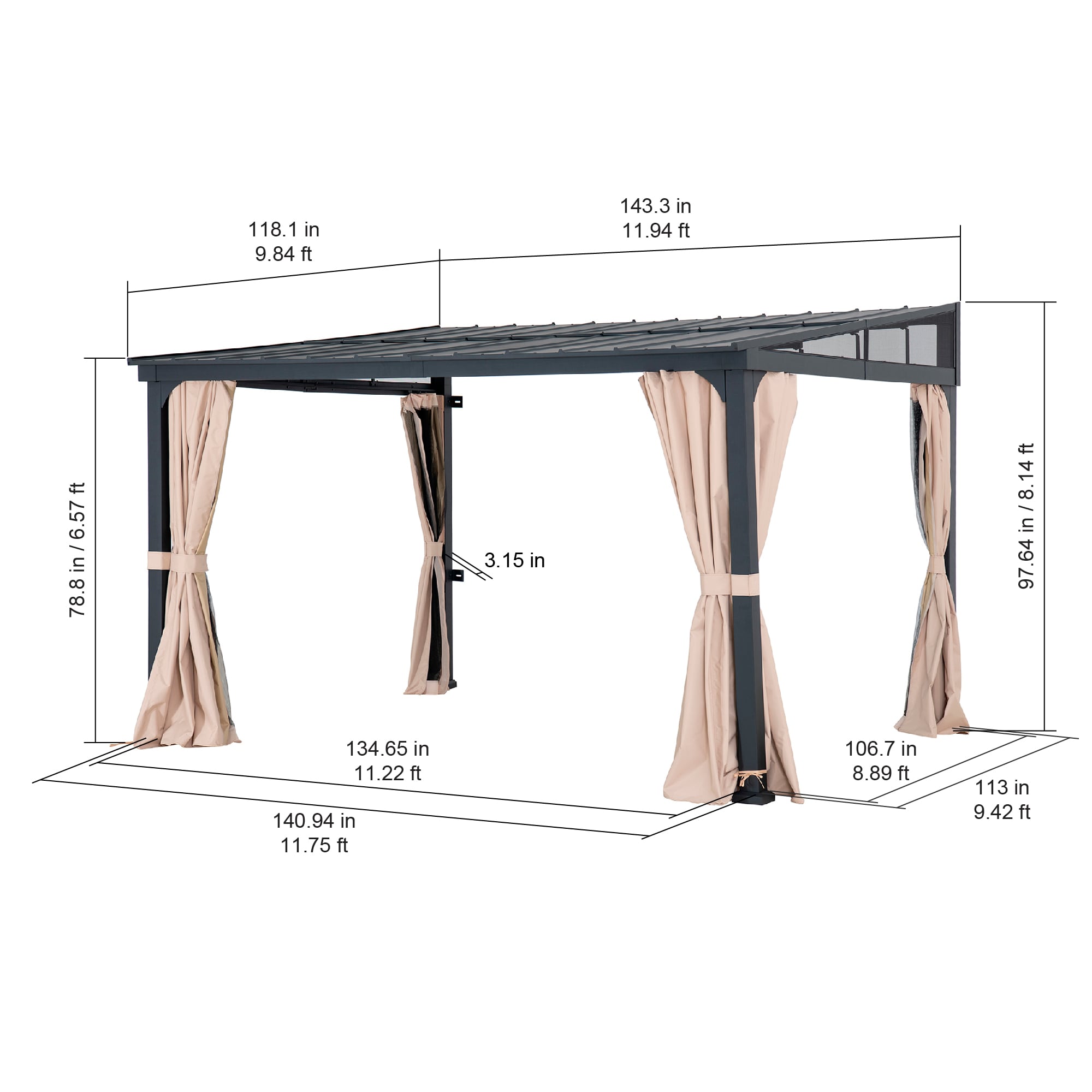 Large Black Wall-Mounted Gazebo with Curtains and Netting