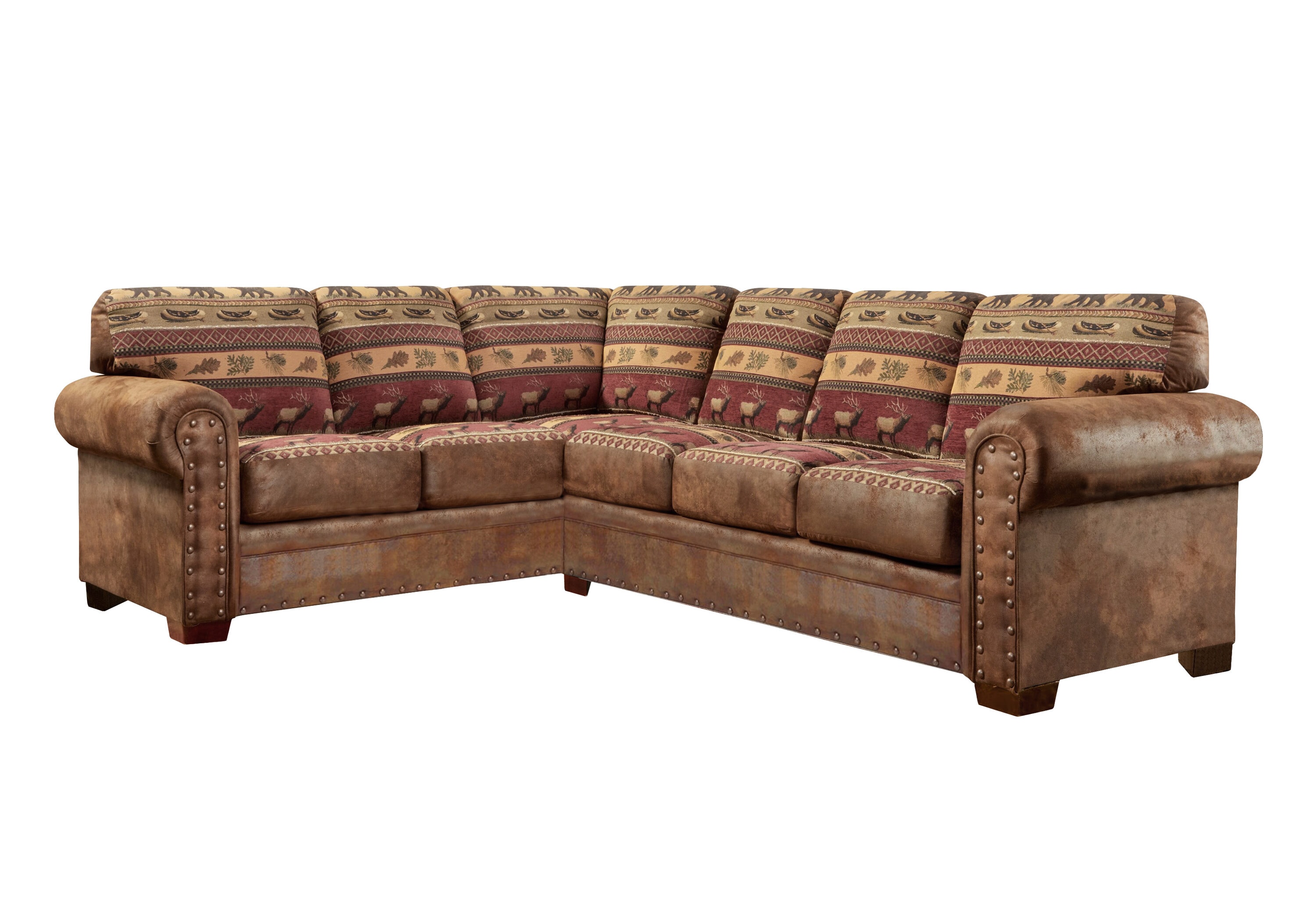 Brown Tufted Faux Leather Two-Piece Sectional Sofa with Nailhead Trim