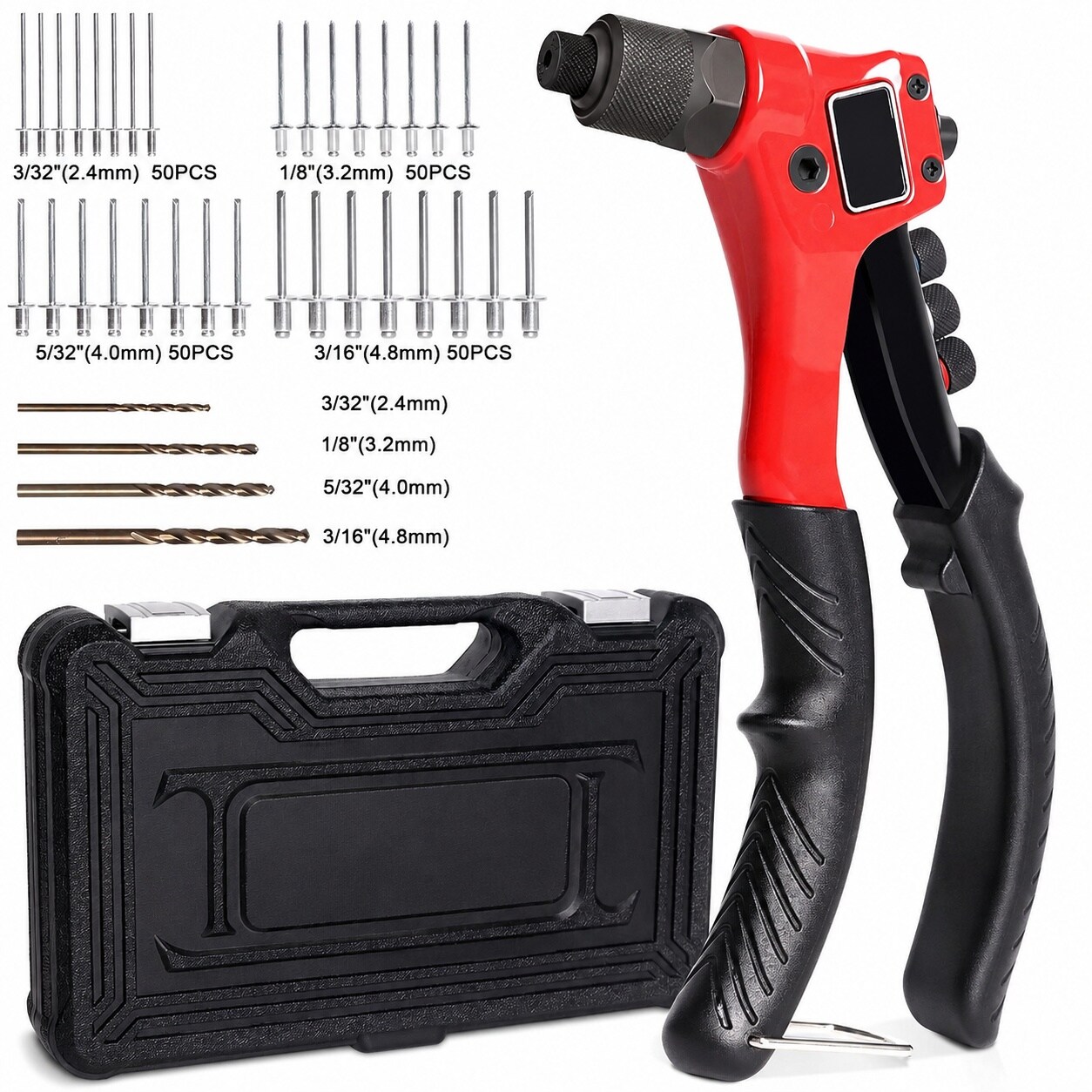 Linder Group Inc Pop rivet gun kit with 200 pcs aluminum rivets 4 interchangeable heads 4 drill bits manual hand riveter and durable carrying case for metal #L3FZ3HKH