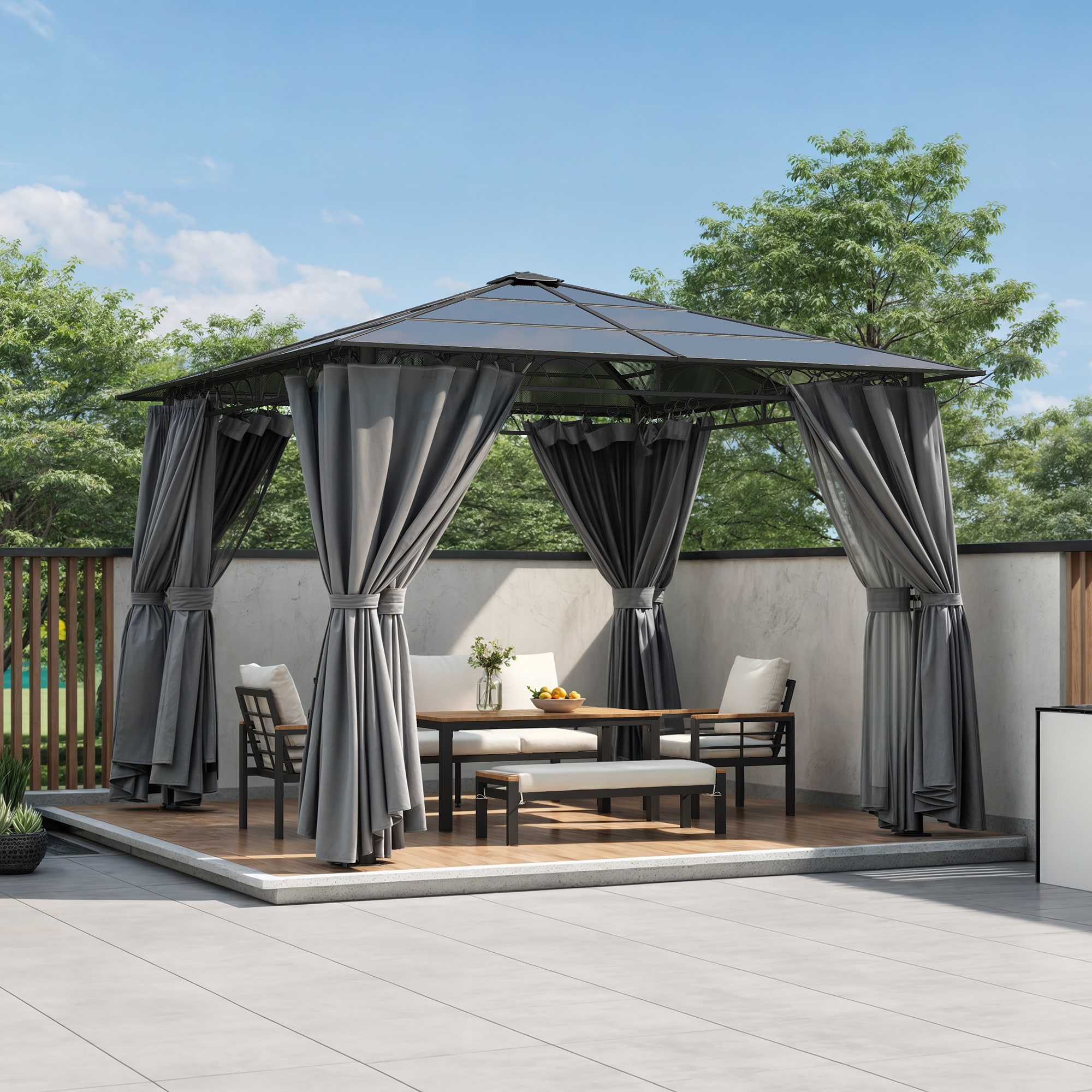 ModernLuxe L-TM000025AAE 8.8-ft x 8.8-ft 10'x10' Hardtop Outdoor Gazebo with Polycarbonate Roof Grey Gazebo with Hardtop Roof (Screen Included)