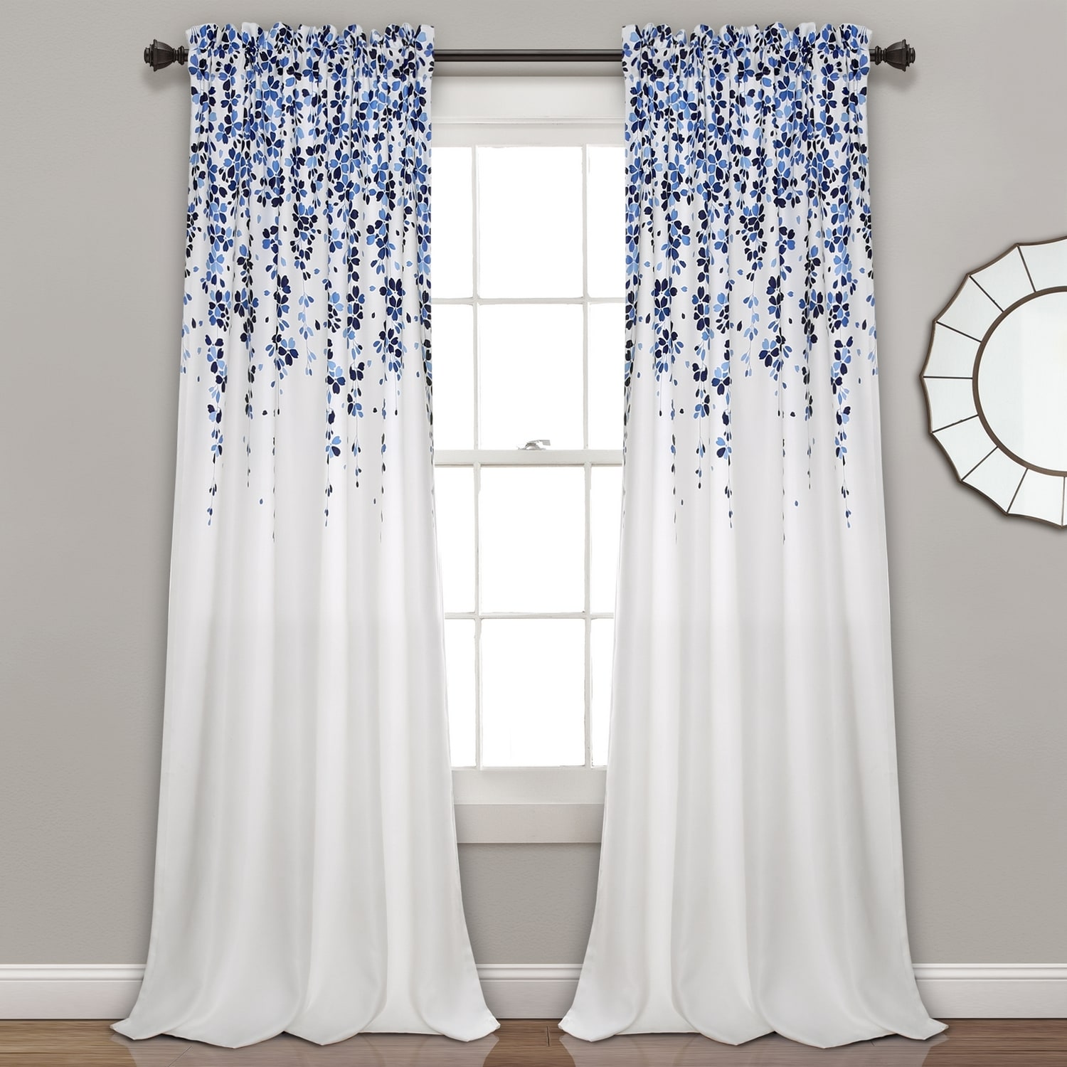 Lush Decor 16T003138 84-Inches Navy Floral Light filtering Rod pocket Curtain panel pair