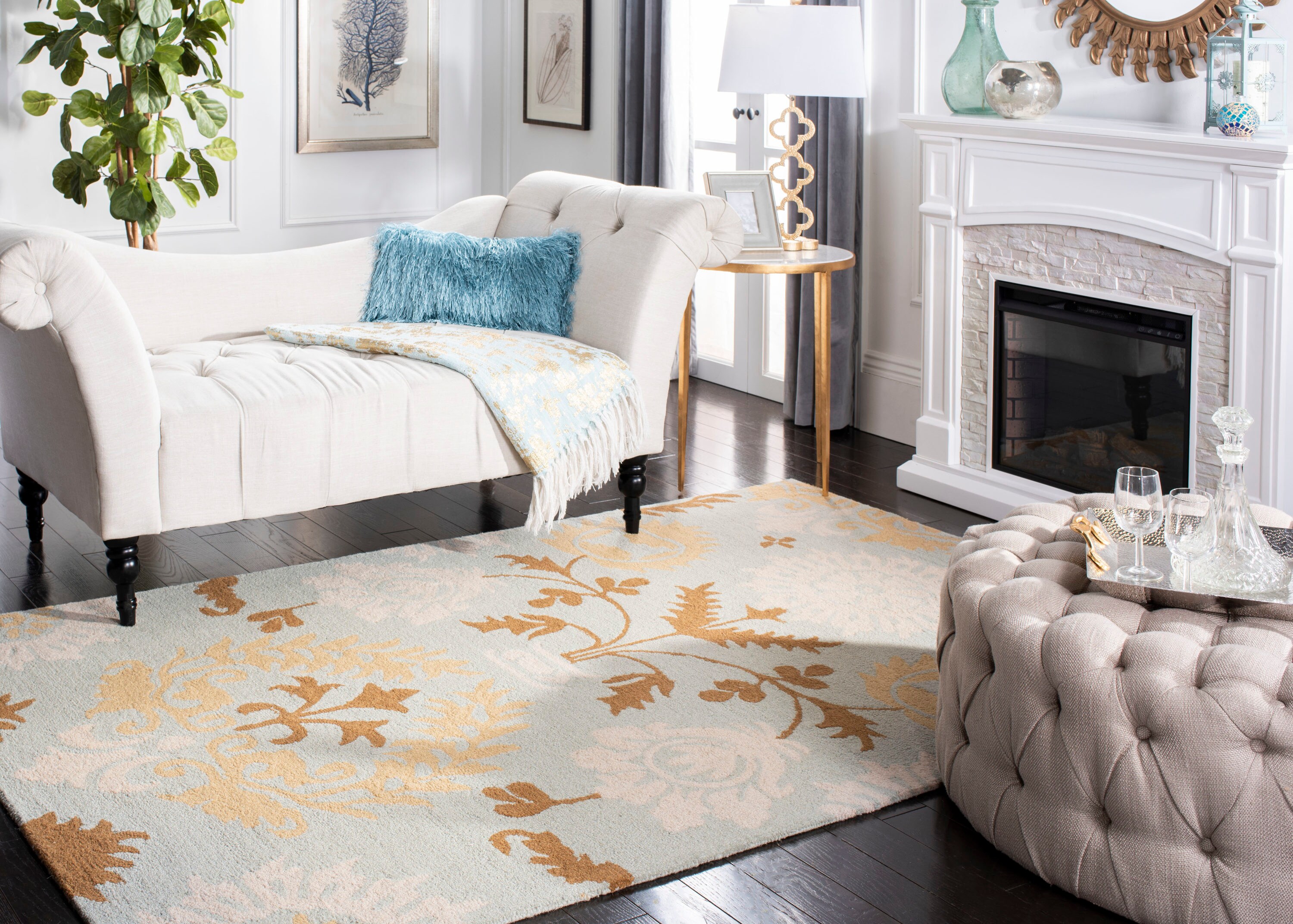 Blue Floral Handmade Wool 8' x 10' Area Rug