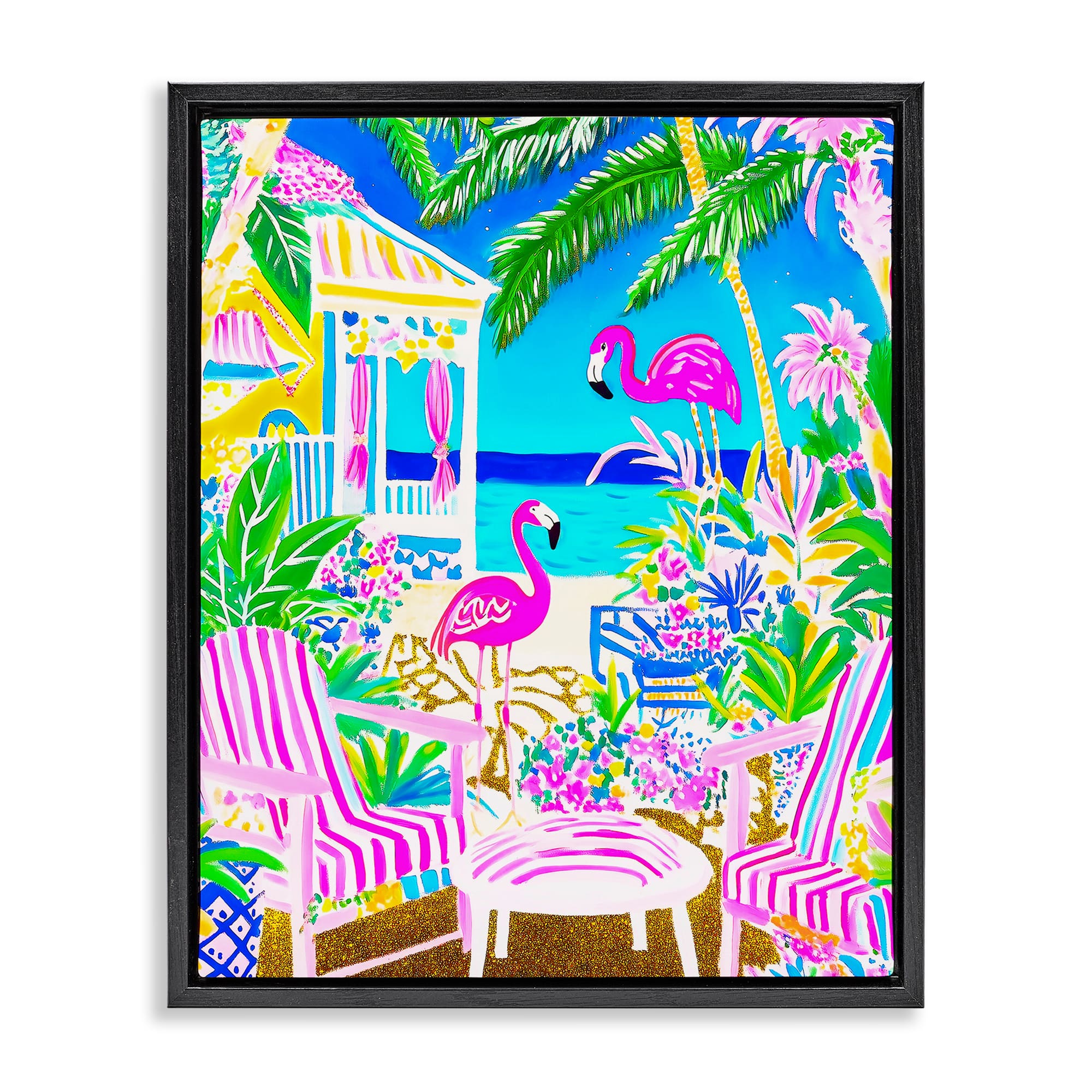 Stupell Industries BT-303-FFB-24X30 Vivid Flamingos on Tropical Beach Black Framed Floater Canvas Wall Art By Jess Stempel 25 x 31