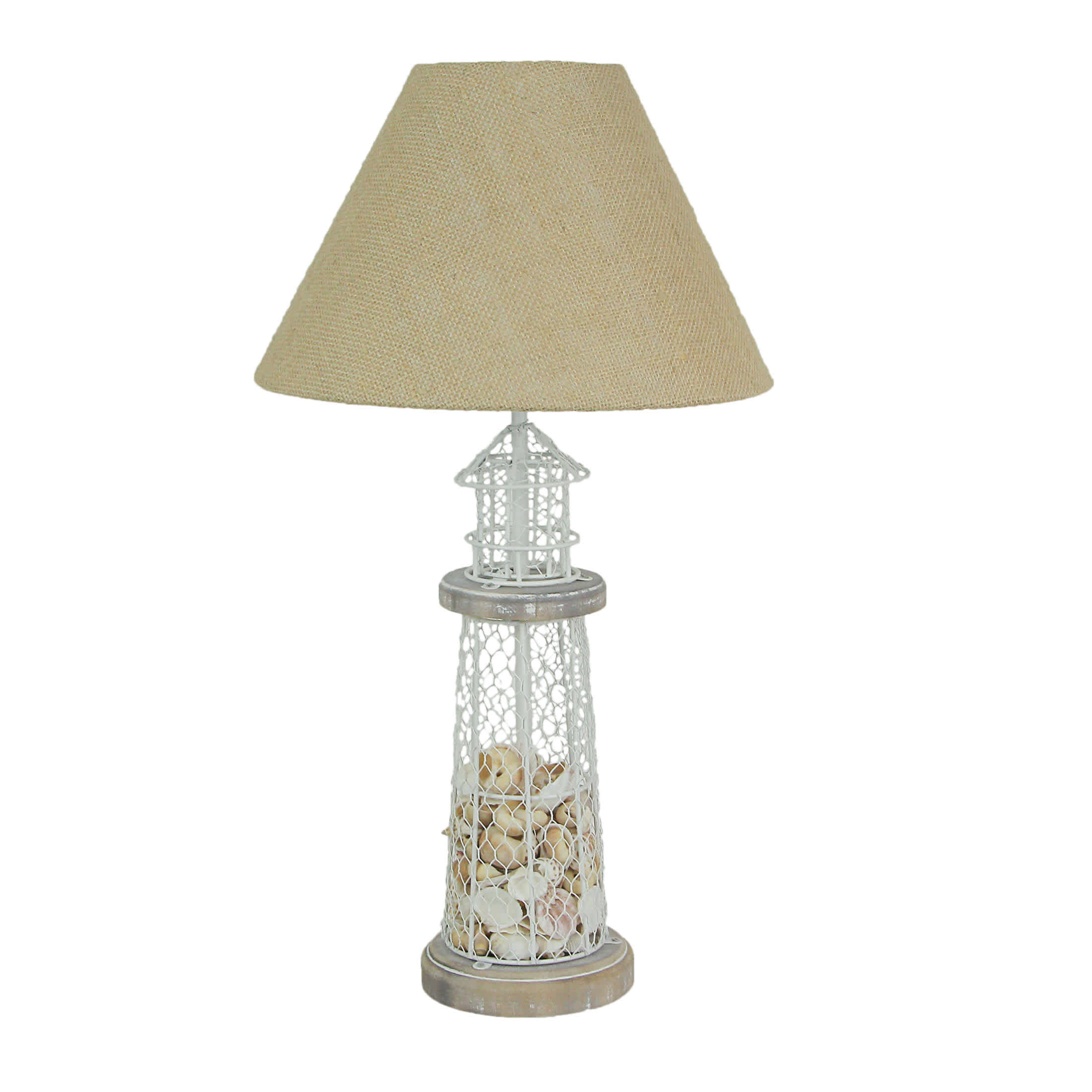 Zeckos MRC-31840 White and Grey Metal Lighthouse Table Lamp with Real Seashell Fill and Rustic Burlap Shade - 21.5 Inches High- 12 Inches in Diameter - Coastal-Themed Nautical Decor