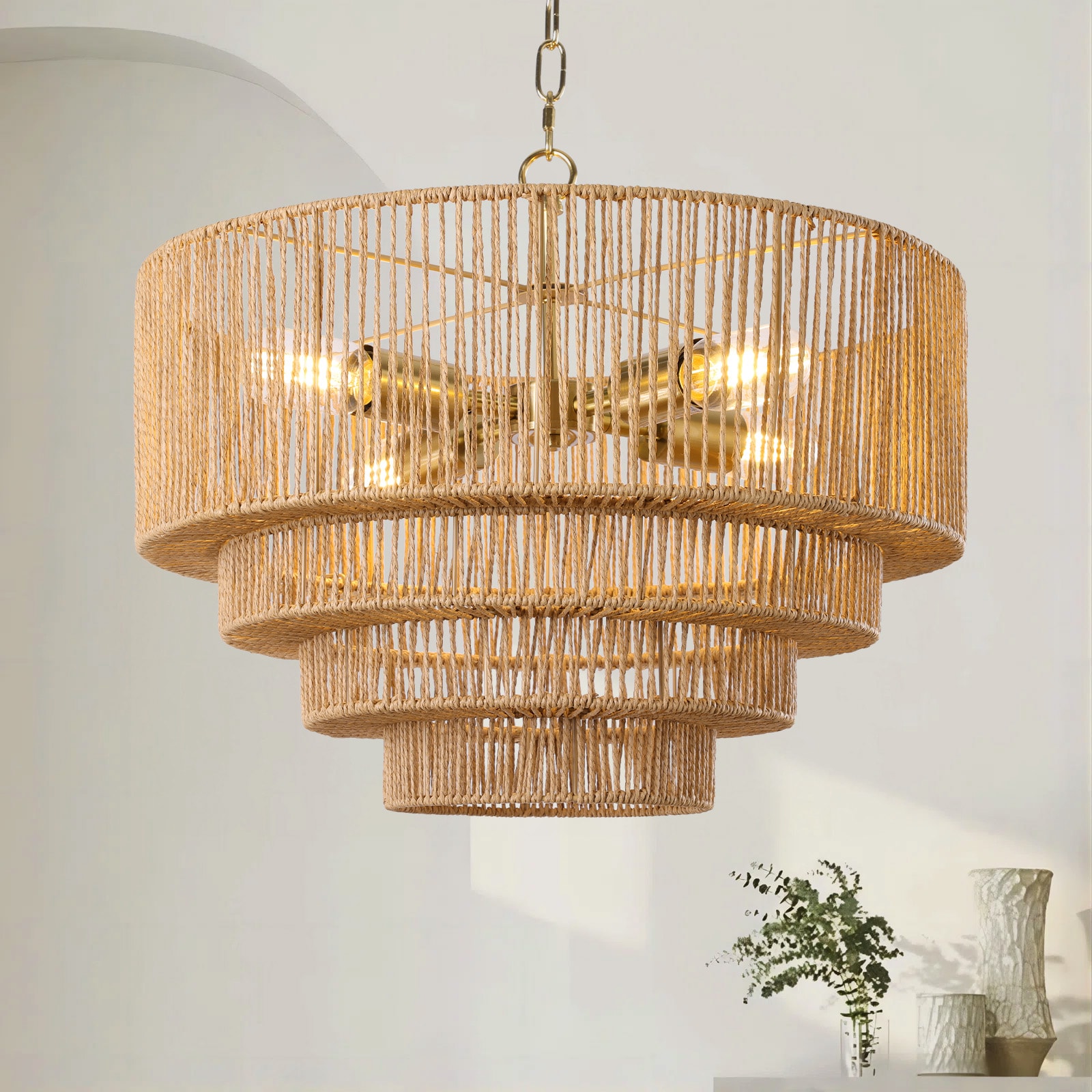 LamQee 06FTL0295ART Rattan Chandelier 4 -Light Brown Farmhouse Cage For Use in Bedrooms, Dining Rooms, Foyers, Kitchens, Living Rooms Chandelier