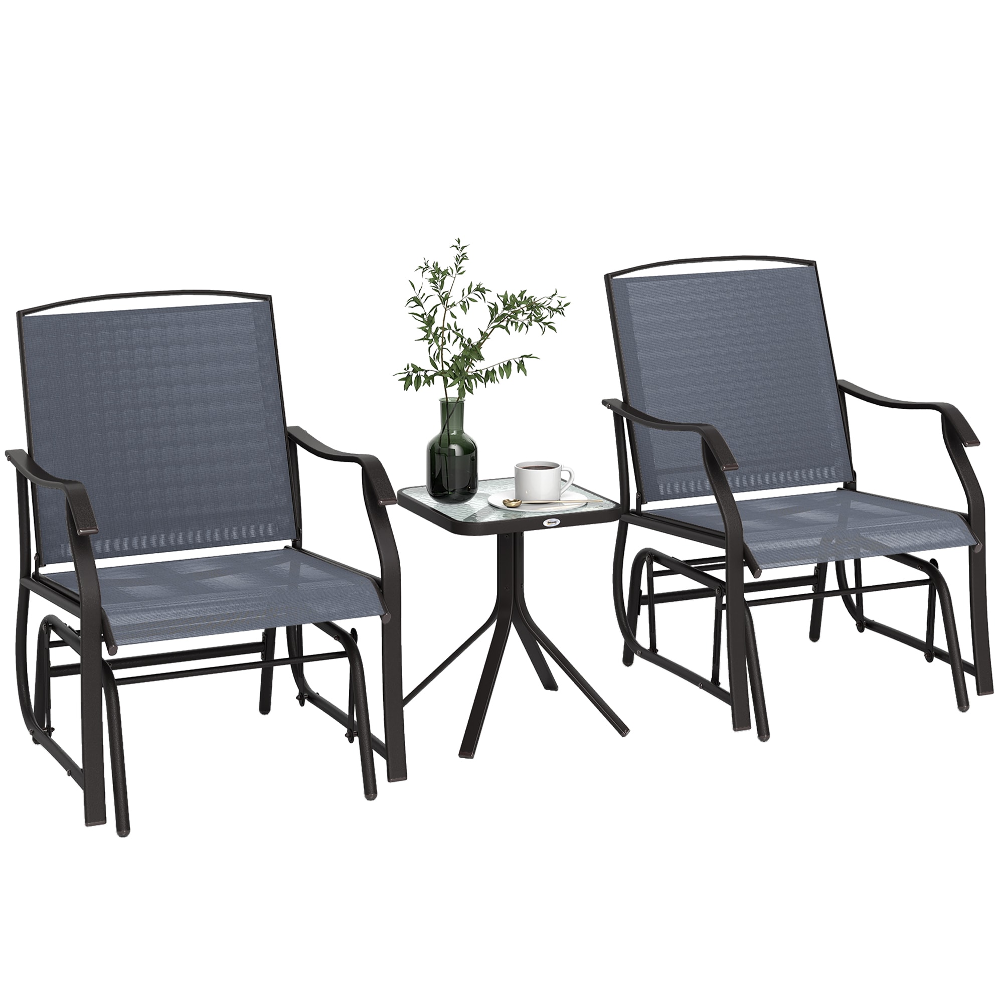 Outsunny 84B-359GY 3 Pcs Outdoor Gliders Set Bistro Set with Glass Top Table for Patio Garden Backyard Lawn Gray