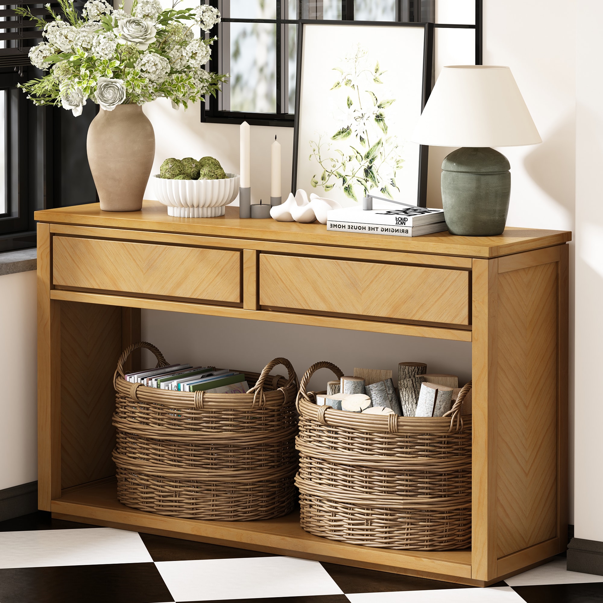 ModernLuxe N715P235096N 55inch Console Table Rustic Wooden Entryway Table with Storage Drawers and Open Shelf Elegant Sofa Table for Hallway and Living Room Natural