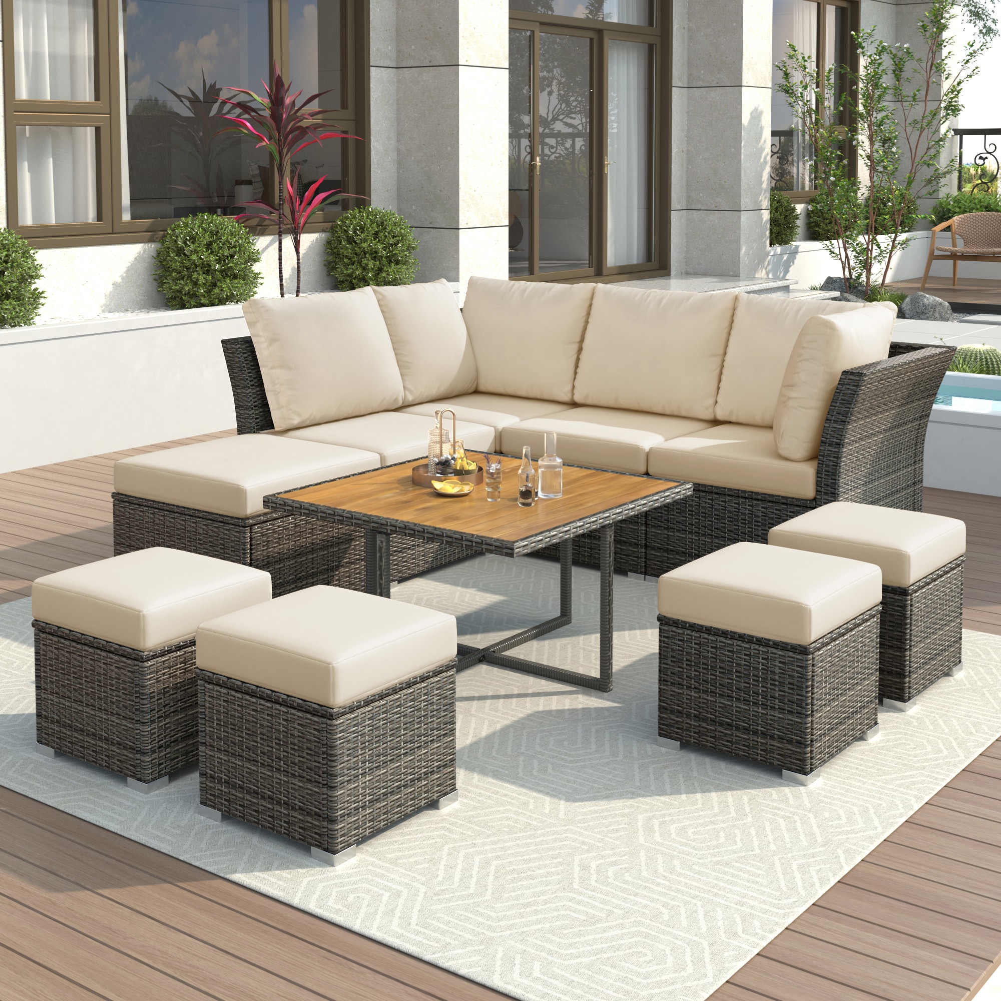 Forclover ALUS-333BE 10-Piece Rattan Patio Sofa Conversation Set with Off-white Cushions
