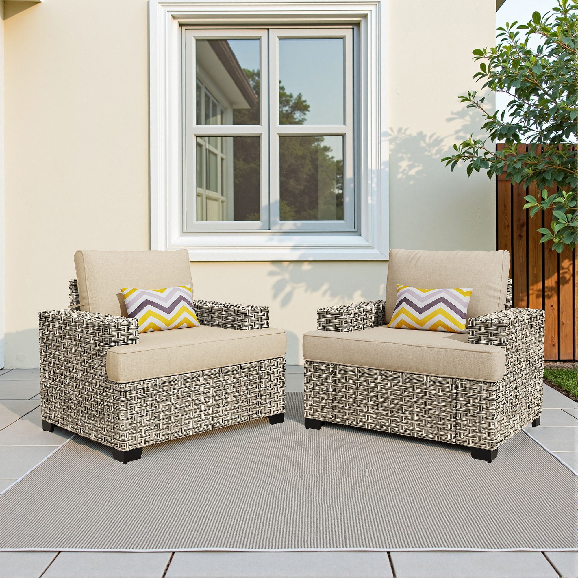 Set of 2 Wicker Beige Metal Frame Stationary Conversation Chair with Beige Cushioned Seat