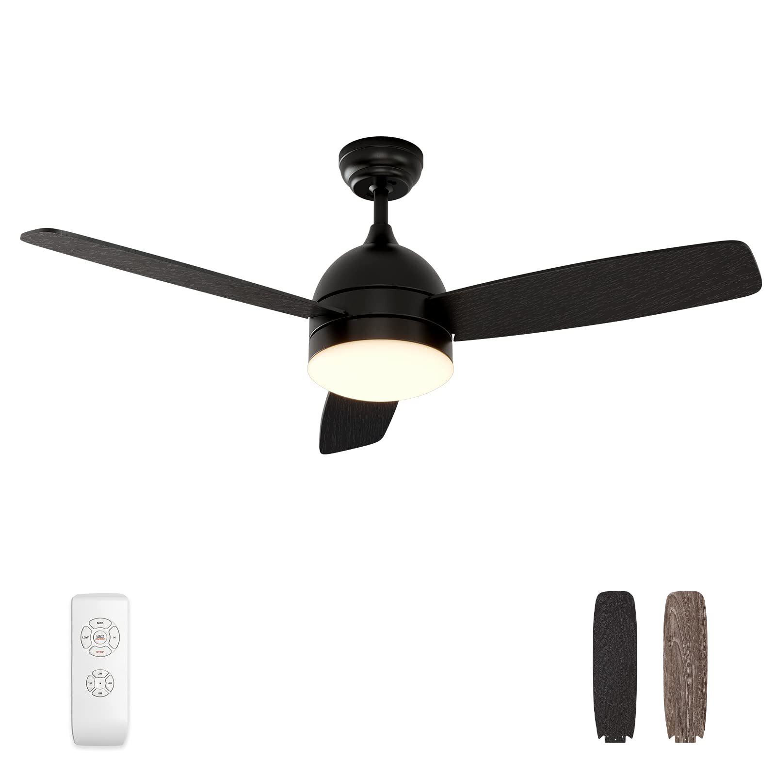 Yardreeze SZWYCF01BK0725 48-Inches Black with Wood Blades Integrated LED Fixture Indoor Downrod mount Standard Ceiling Fan With Light and Remote ( 3 -Blade)