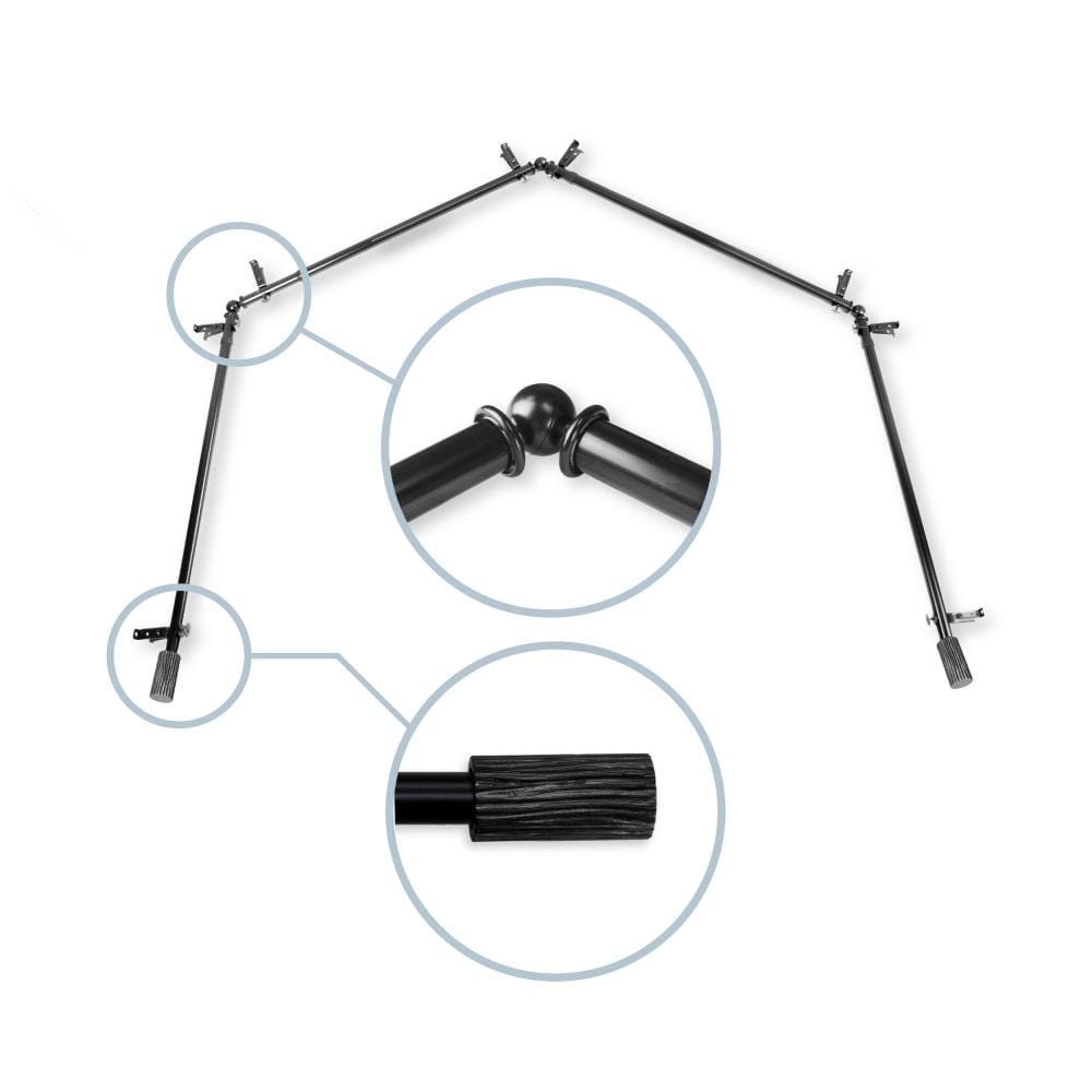 Hart & Harlow L4BAY-97-2 Olly 13/16-in 4-sided 28-in to 48-in Black Steel Bay window curtain rod with Finials