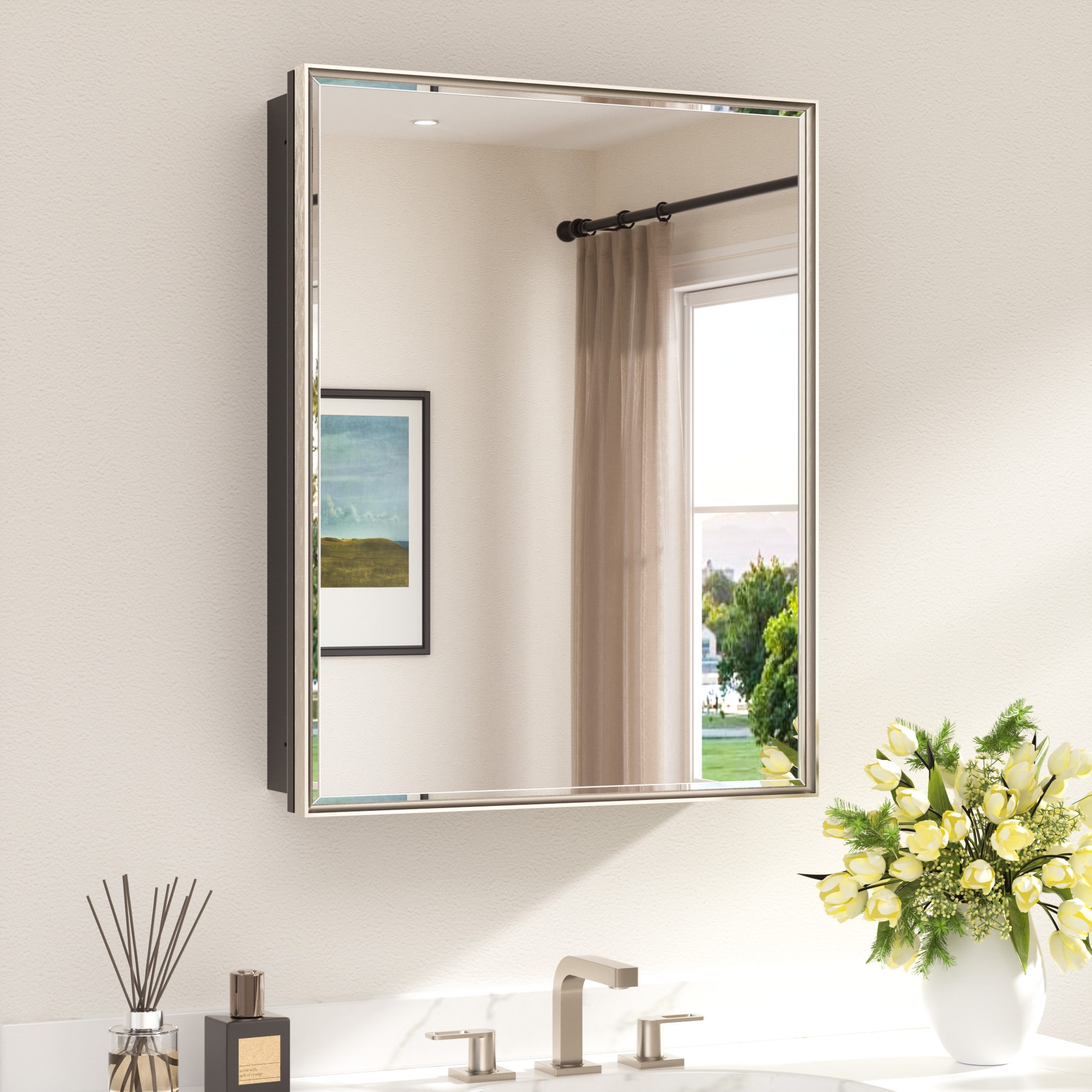 TETOTE 24x30 Brushed Nickel Medicine Cabinets Mirrors Surface/Recessed Mount Mirrored Rectangle Soft Close Medicine Cabinets