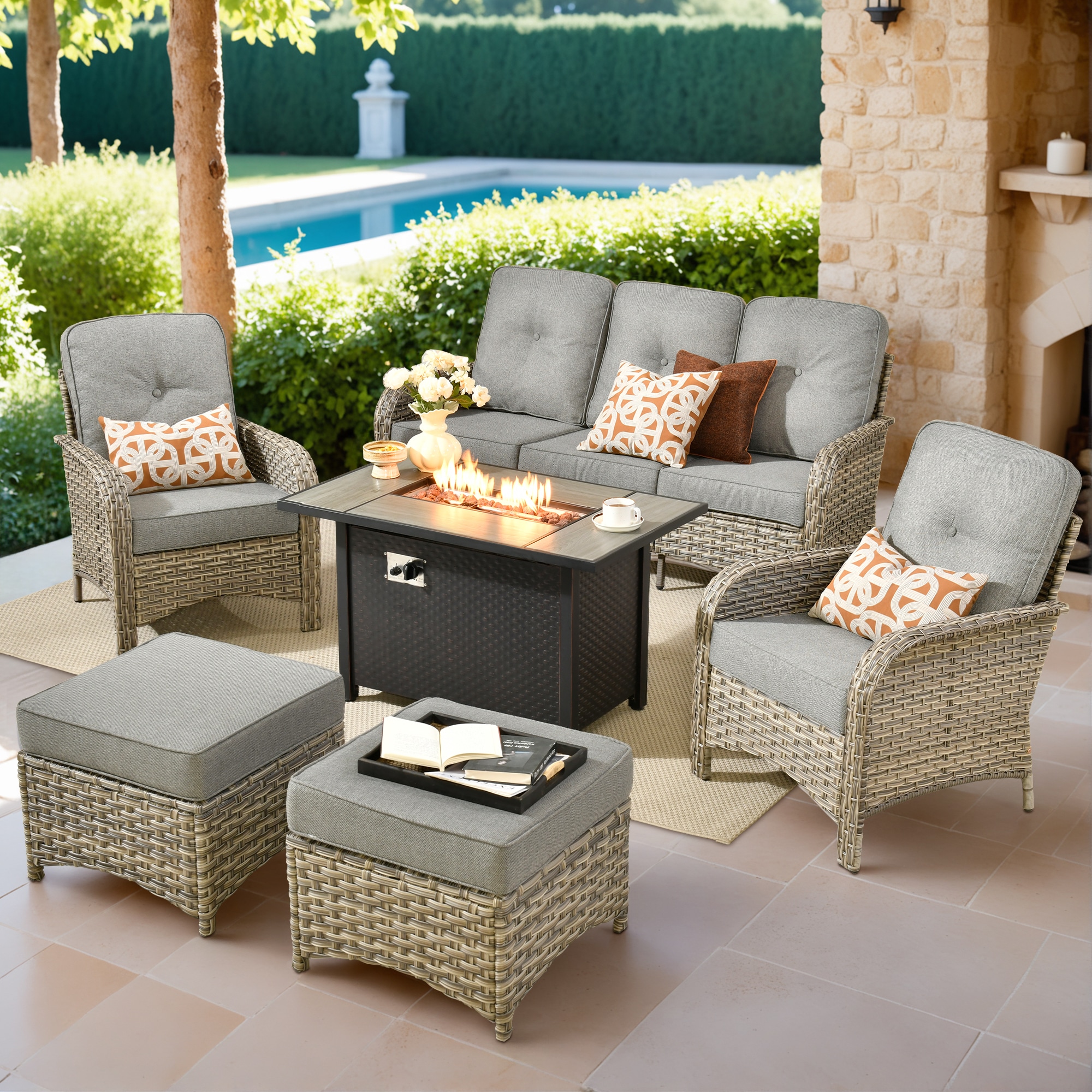 Pouuin SCFPVNC205 6 -Piece Wicker Patio Sofa Conversation Set with Dark Gray Cushions