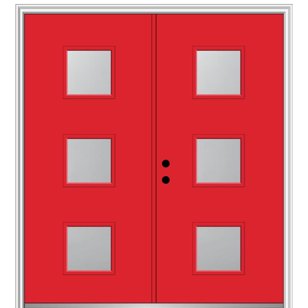 MMI DOOR ZZ347449R Spotlights 72-in x 80-in x 4-9/16-in Fiberglass Pulse lite Right-hand inswing Red Saffron Painted Prehung Double Front Door with Brickmould Insulating core