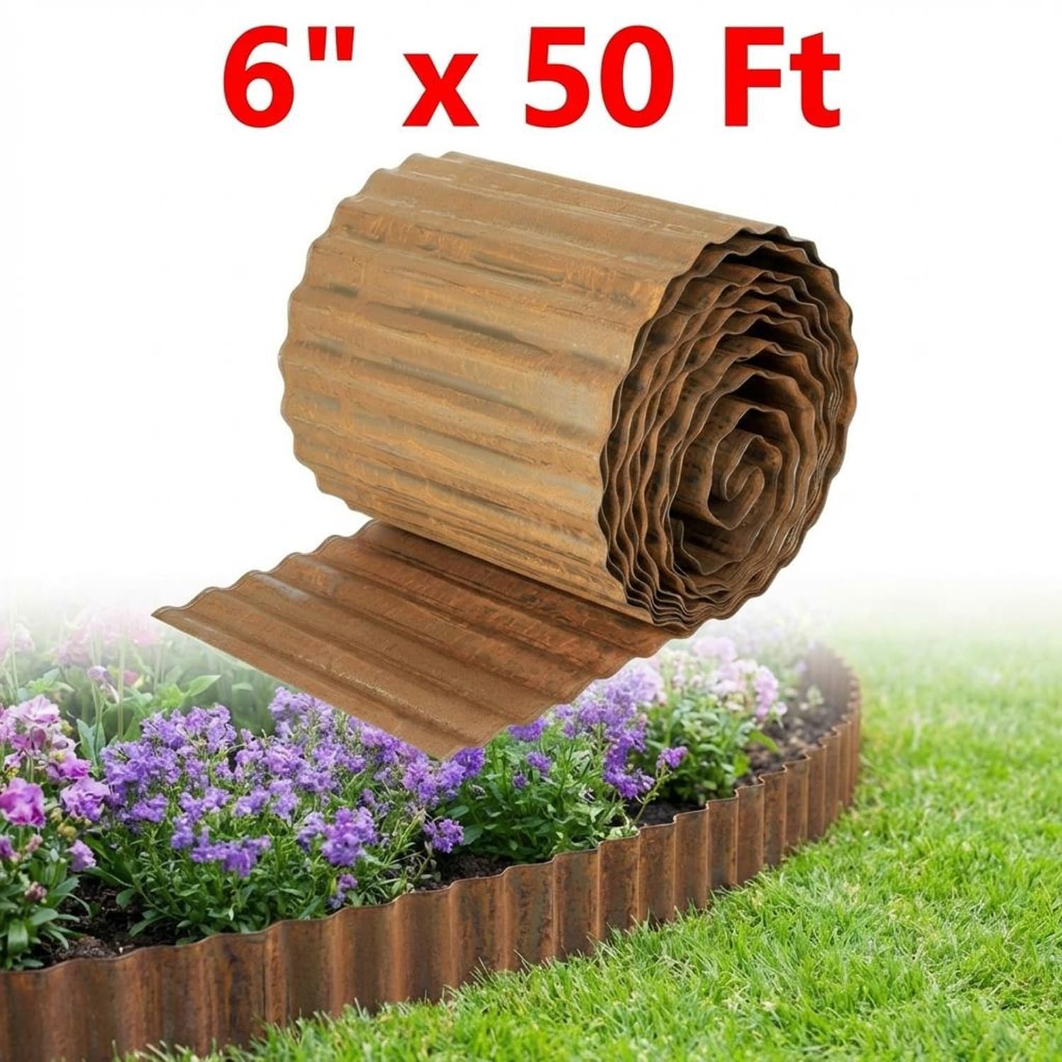 Garvee 6Inch x 50 Ft Corten Steel Corrugated Garden Edging Flexible Hammer-in Landscape Border Rustic Natural Patina Finish Rusty