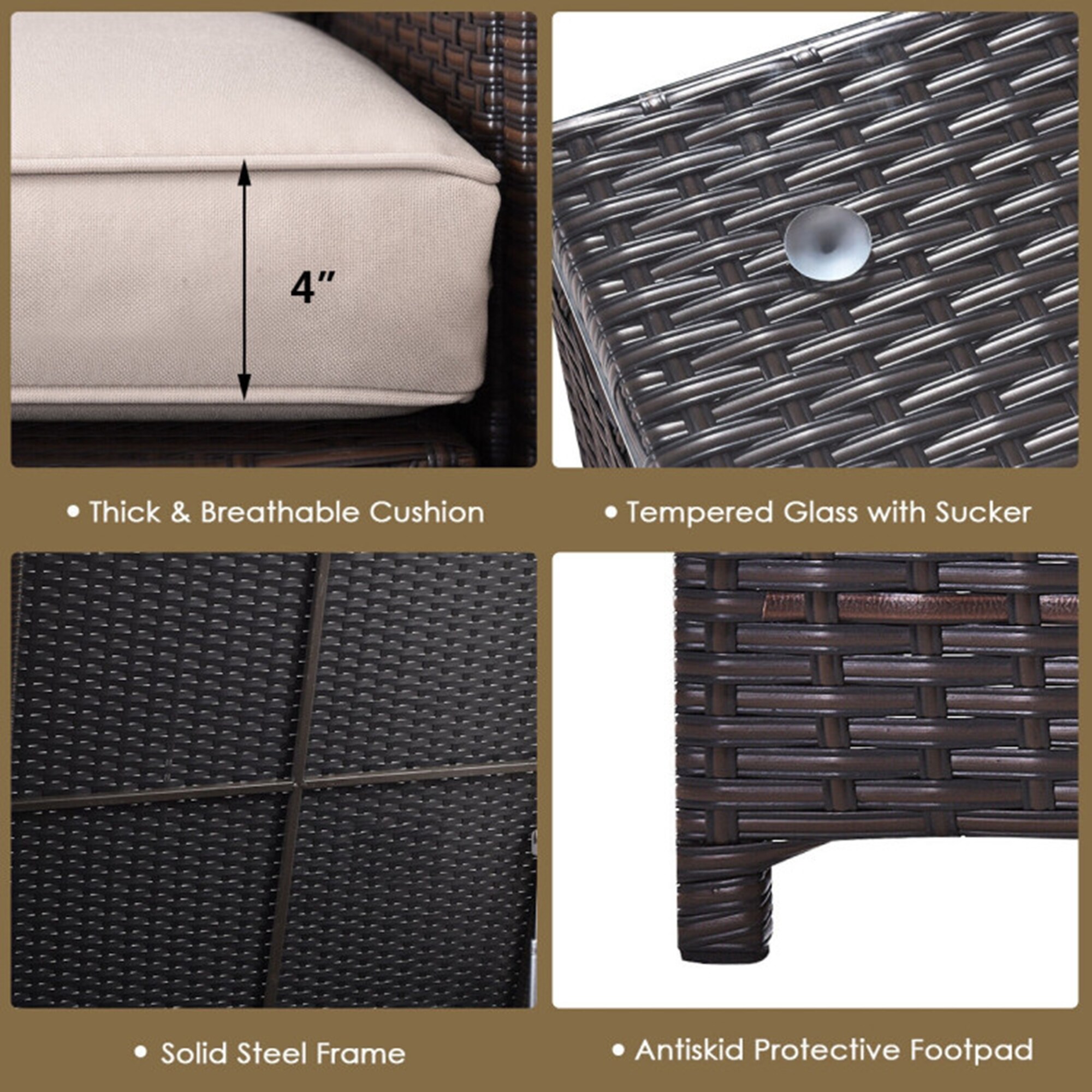 Brown 4-Piece Rattan Wicker Outdoor Patio Set with Cushions
