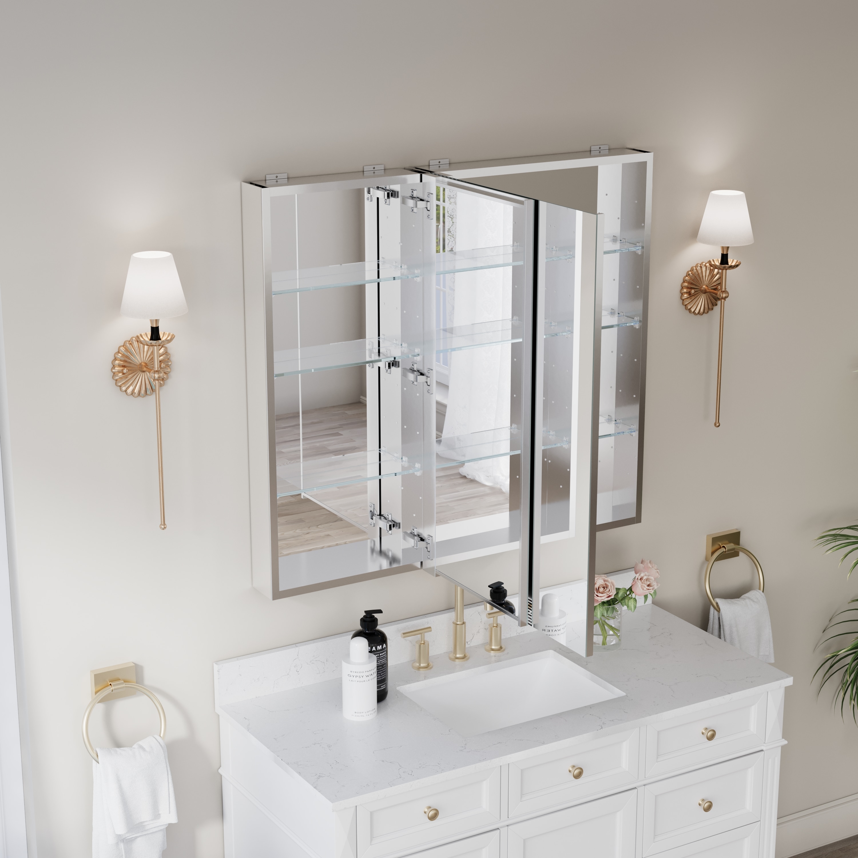 Forclover Reversible 40-in x 36-in Surface/Recessed Mount Chrome Aluminum Mirrored Rectangle Soft Close Medicine Cabinet