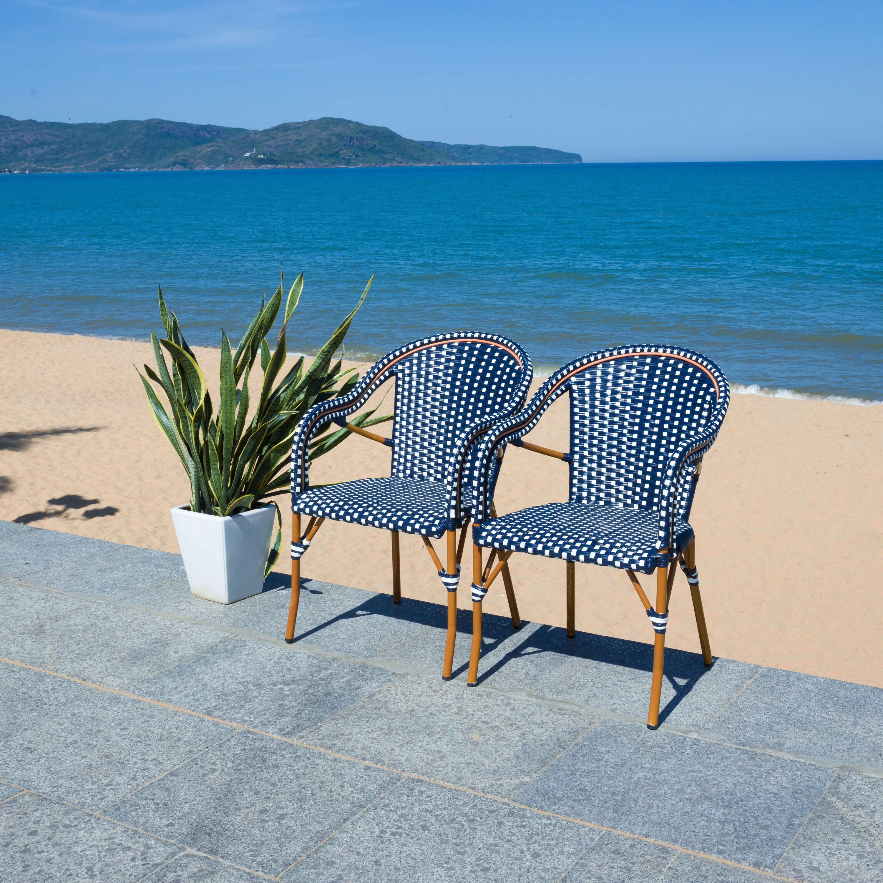 Navy and White Wicker Outdoor Armchair Set of 2