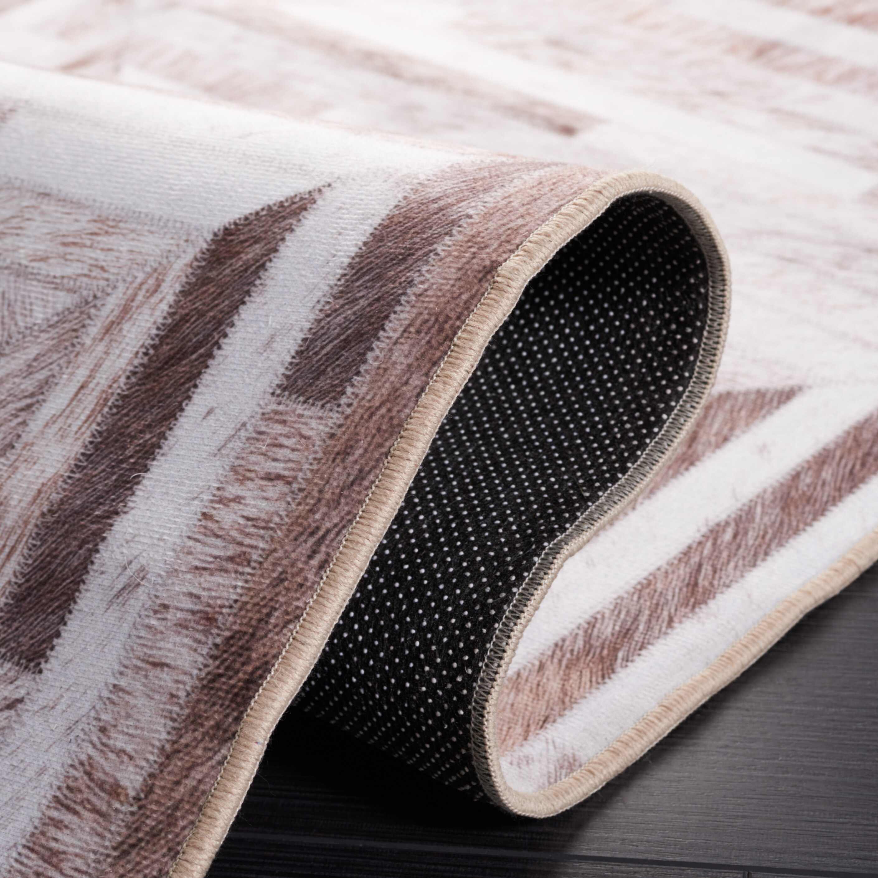 Beige and Brown Geometric Faux Fur 9' x 12' Rug