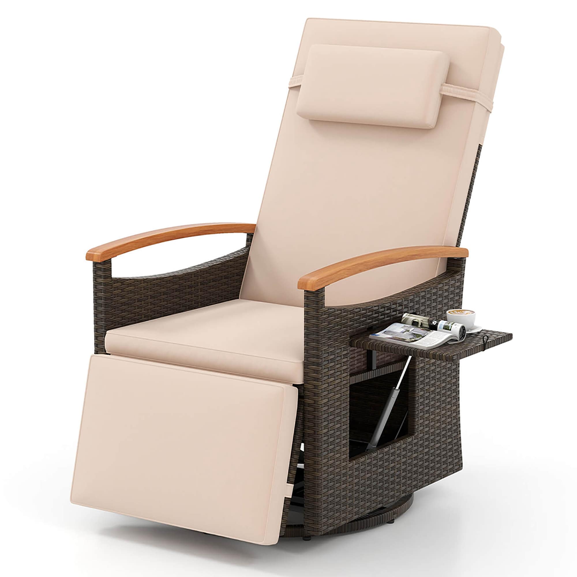 Costway HCST04095 Rattan Mix Brown Metal Frame Swivel Rocking Chair with Beige Cushioned Seat