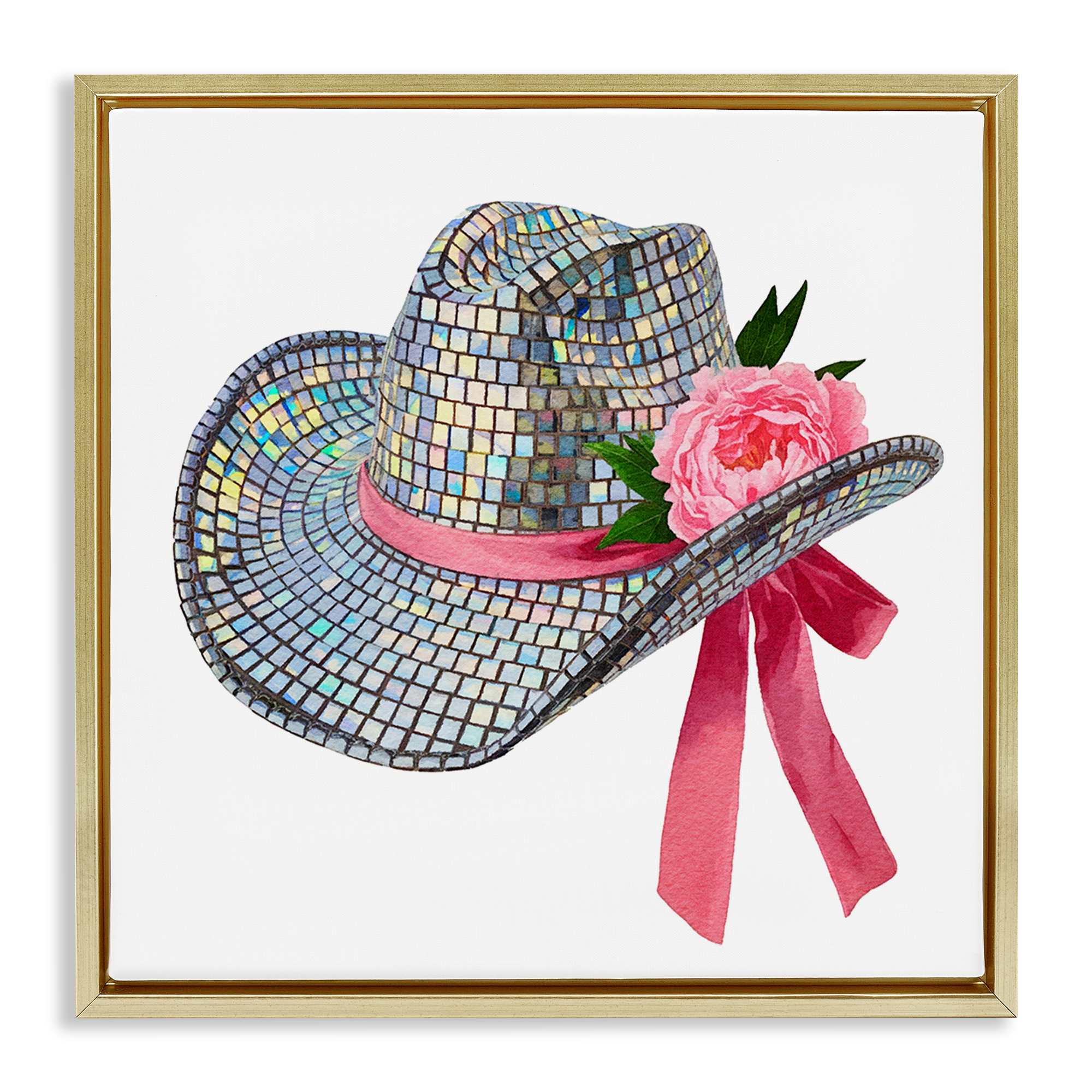 Stupell Industries BS-118-FFG-24X24 Chic Bow on Disco Hat Gold Framed Floater Canvas Wall Art By Amanda Greenwood 25 x 25