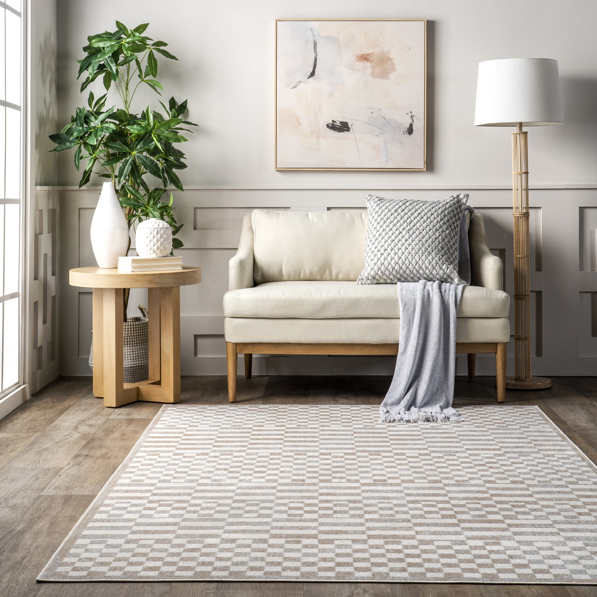 Beige and White Geometric 4' x 6' Washable Area Rug