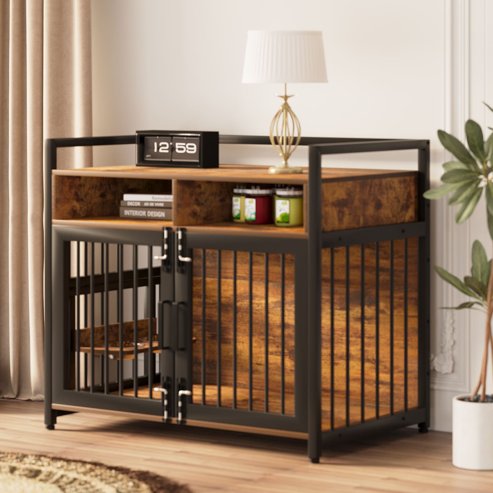 Garvee 48 Inch Large Dog Crate Furniture with Top Access Door Heavy Duty Dog Crate Wooden Indoor Decorate Pet Cage Indestructible Pet Dog Cage for Medium to Large Dogs