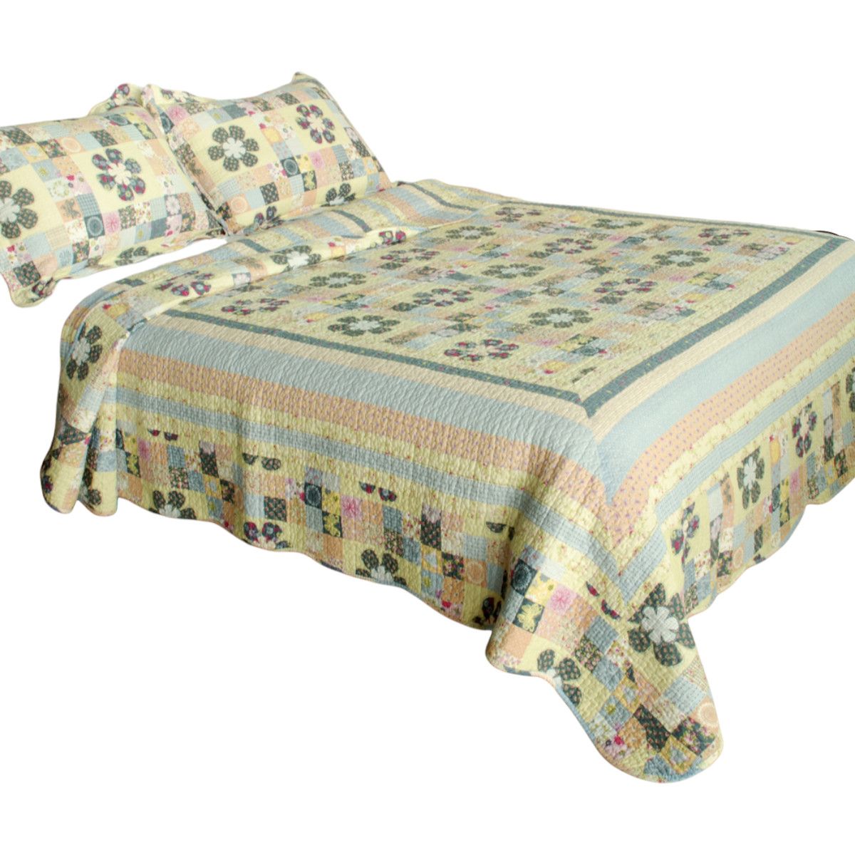 Slickblue 3-Piece Yellow Cotton Vermicelli Stitched Floral Reversible Full/Queen Set for Bedroom Decor