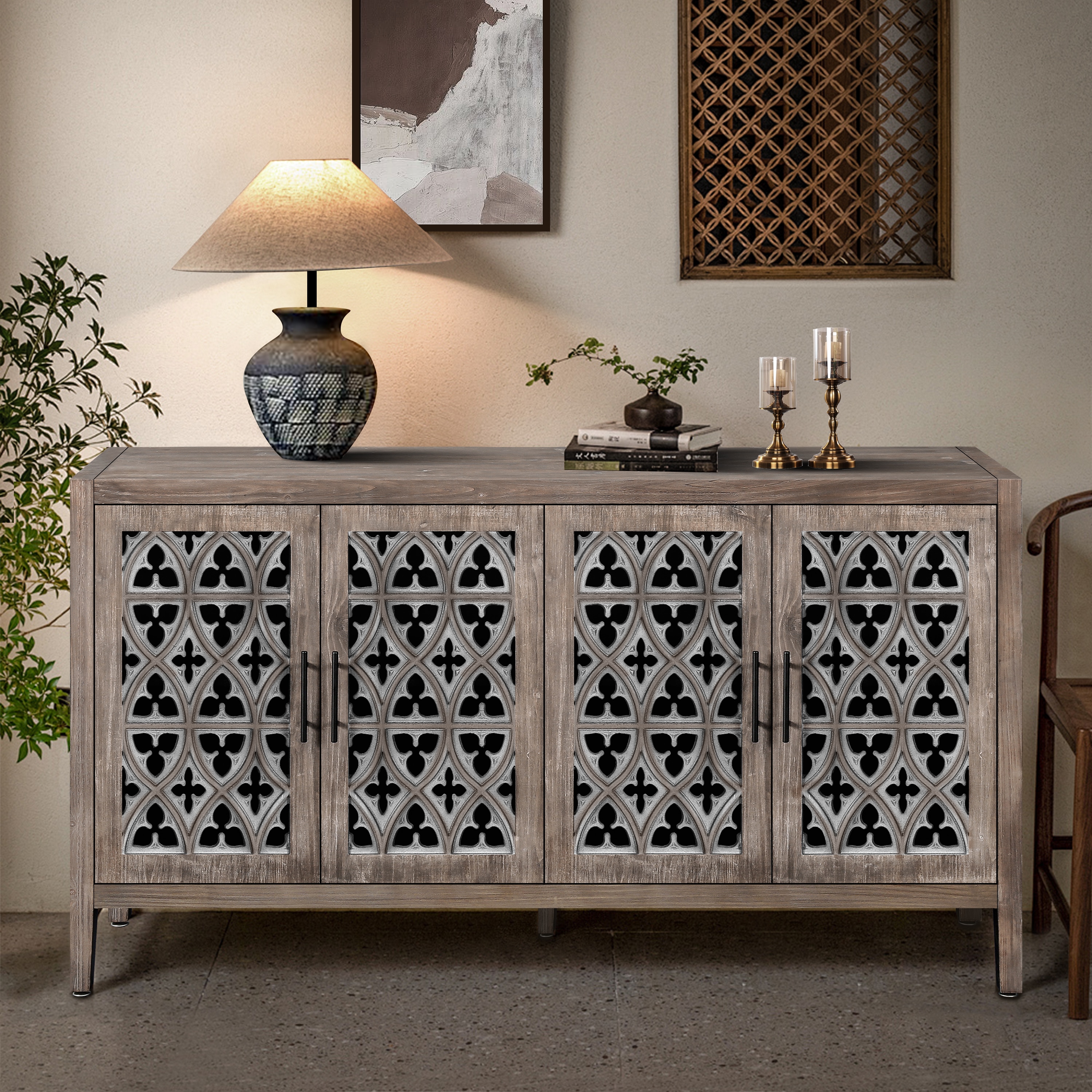 Tinyhomie Brown Hollow Four-Door American Country Style Living Room Storage Cabinet