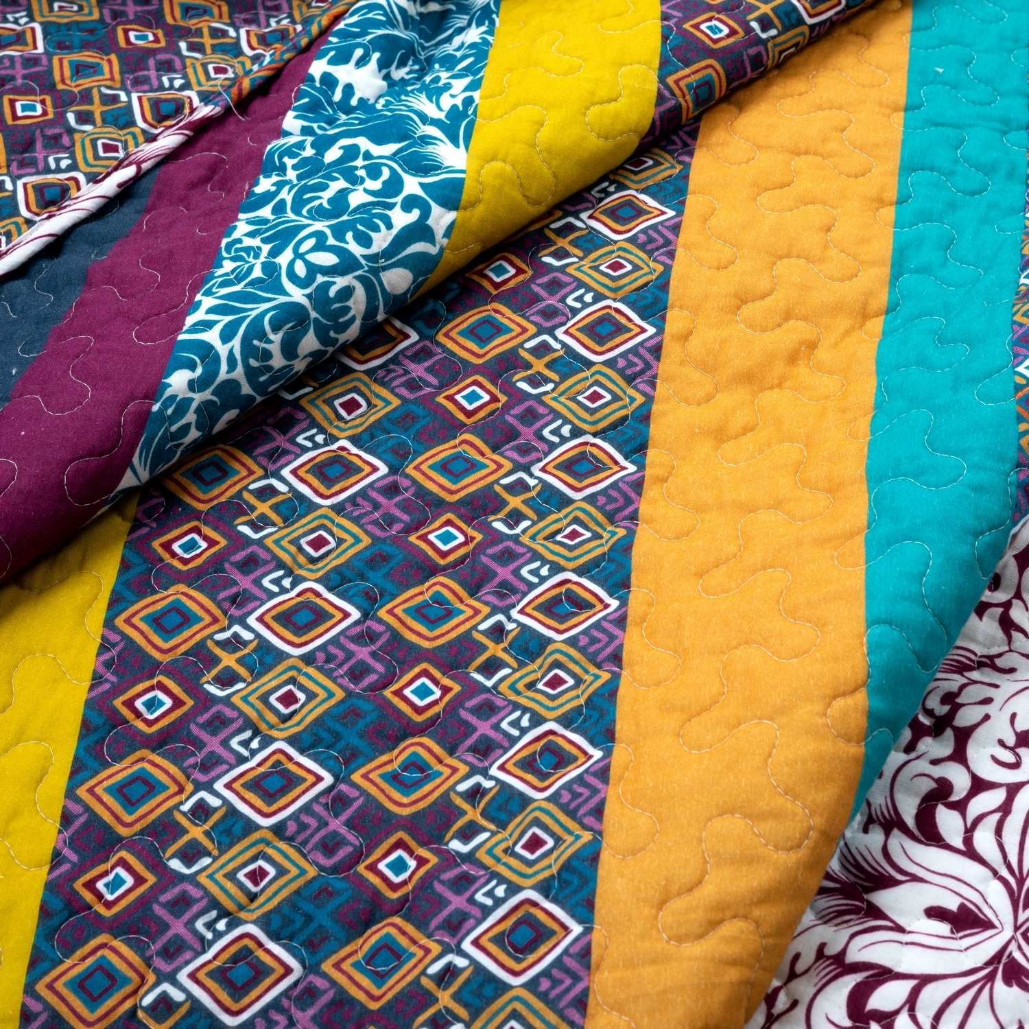 King Size Boho Stripe Reversible Cotton Quilt Set in Purple and Yellow