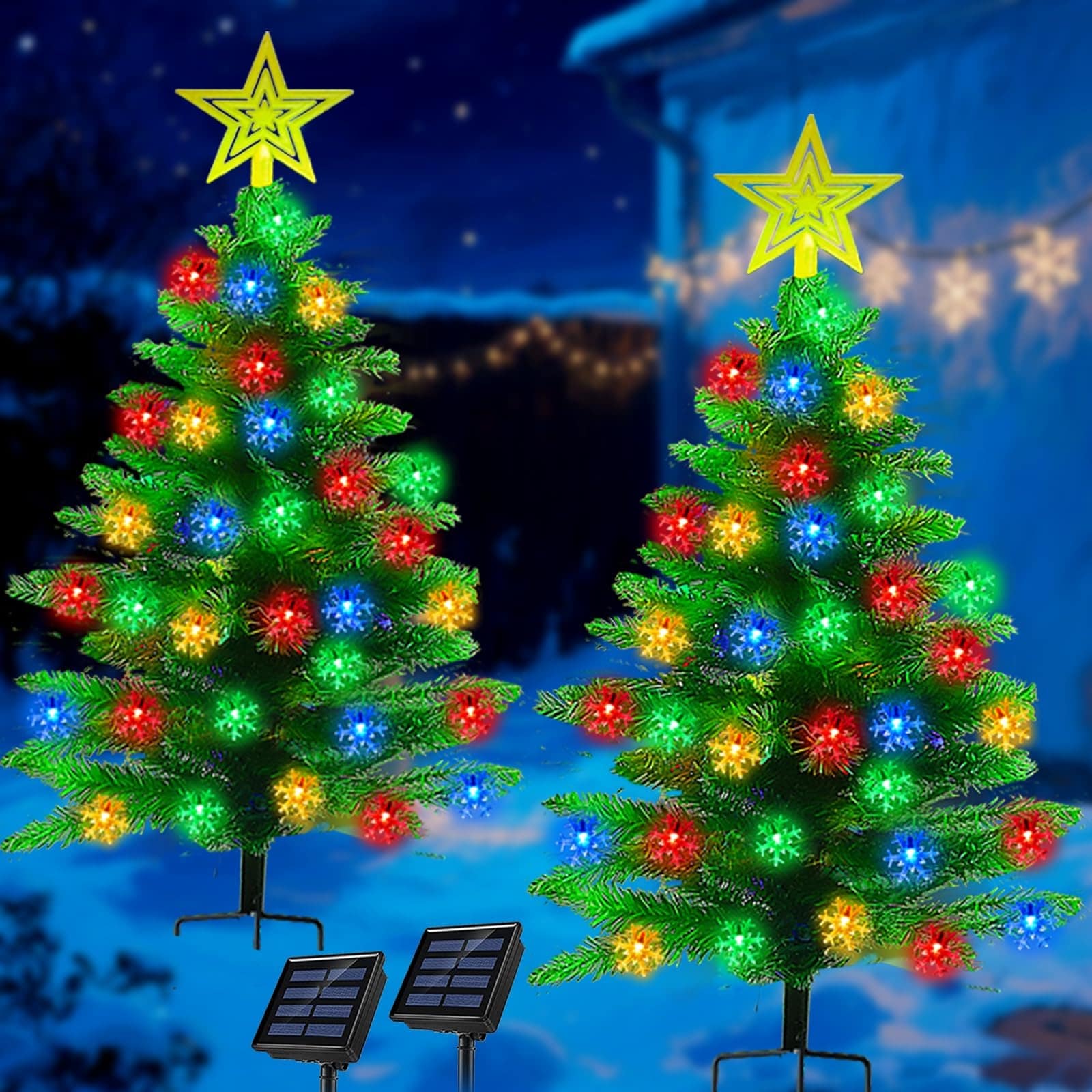 AOIZGMY  2 pack 3 6 foot solar Christmas tree with 100 snowflake lights waterproof outdoor holiday decor for yard pathway porch cemetery