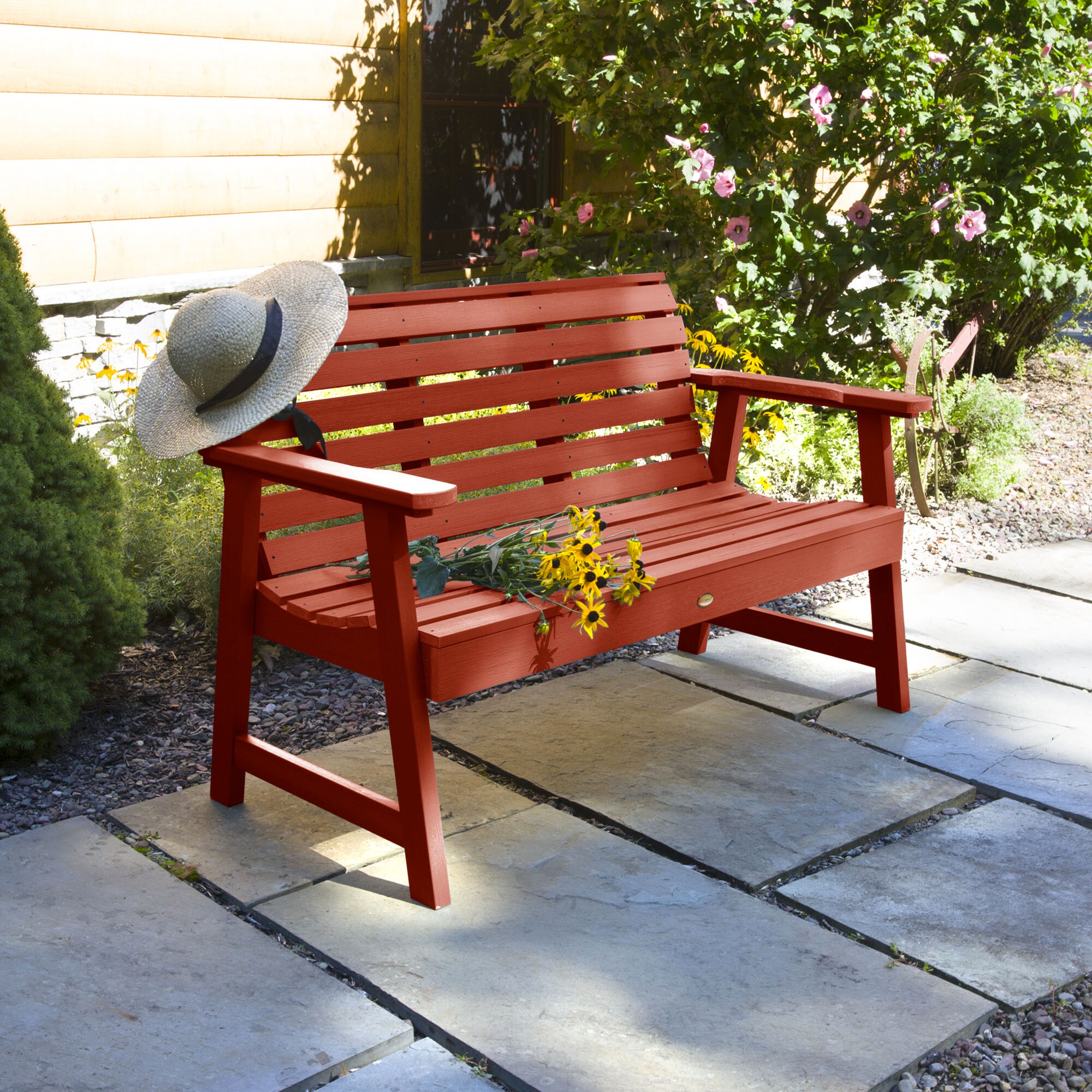 highwood AD-BENW4-RED Weatherly 50.09-in W x 33.7-in H Rustic Red Plastic Garden Bench