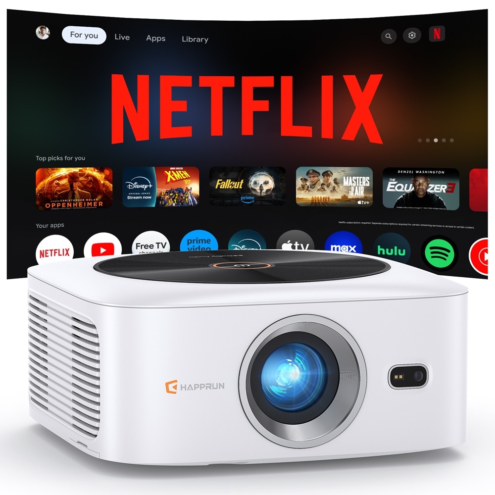 HAPPRUN  Outdoor Projector Auto Focus Dolby Audio with Built-in Streaming Apps 4K Decoding Resolution Smart Projector with WiFi 6 and Bluetooth 5.2