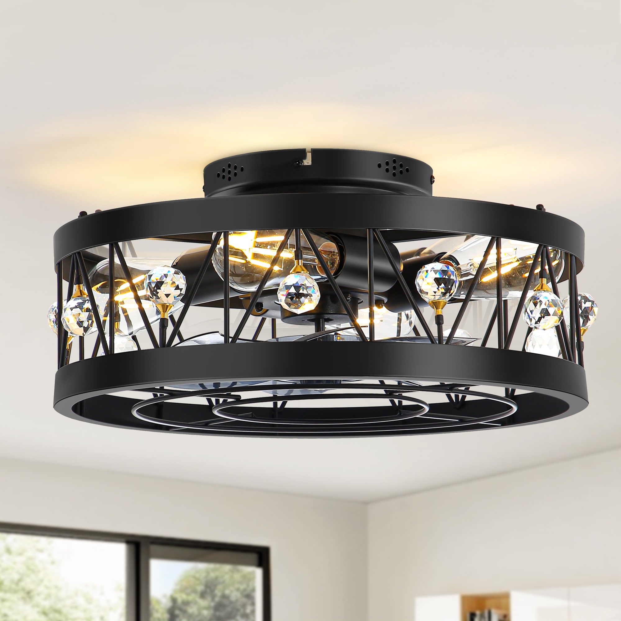 Breezary 35006-BK 17-in Flush Mount Matte Black with Gray Blades Fandelier Ceiling Fan With Light - Remote Included ( 7 -Blade )