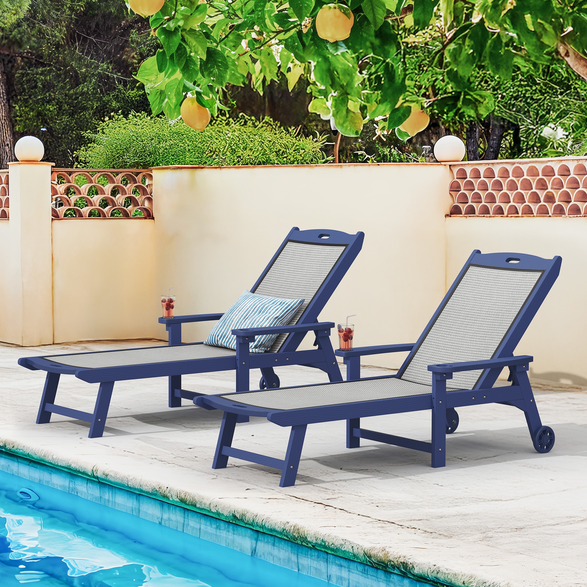 Yurevna 2JT-002-03LS 5-Position Chaise Lounge Set of 2 Navy Polyethylene Frame Stationary Chaise Lounge Chair with Mesh Seat