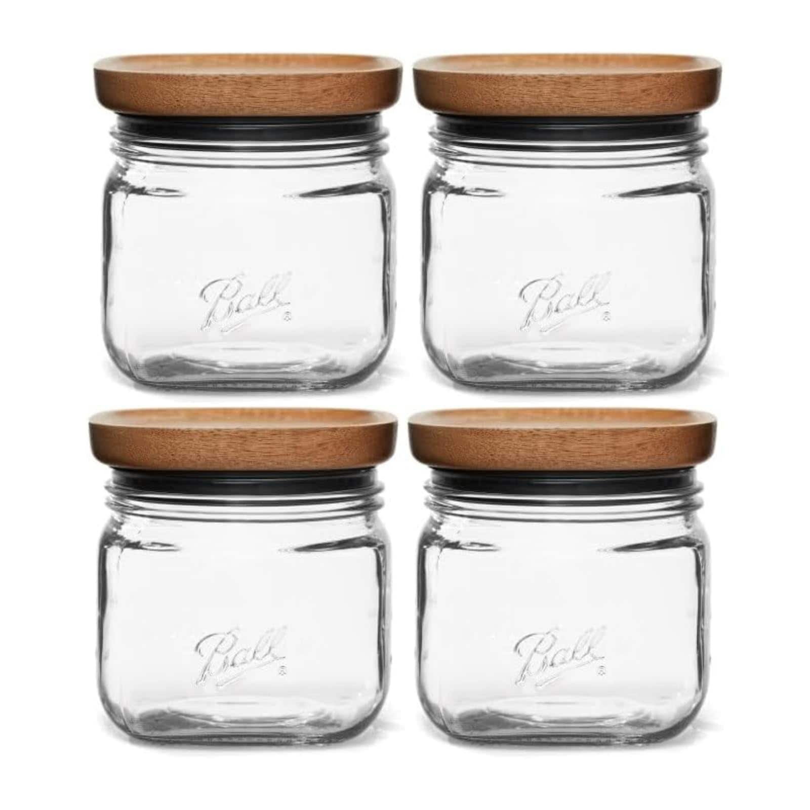 Ball  Stack Store Glass Mason Jars with Wooden Lid Used for Pantry Cookies Flour Cereal Rice Sugar Tea Coffee Beans Spices Square 4-Cup (Pack of 4)
