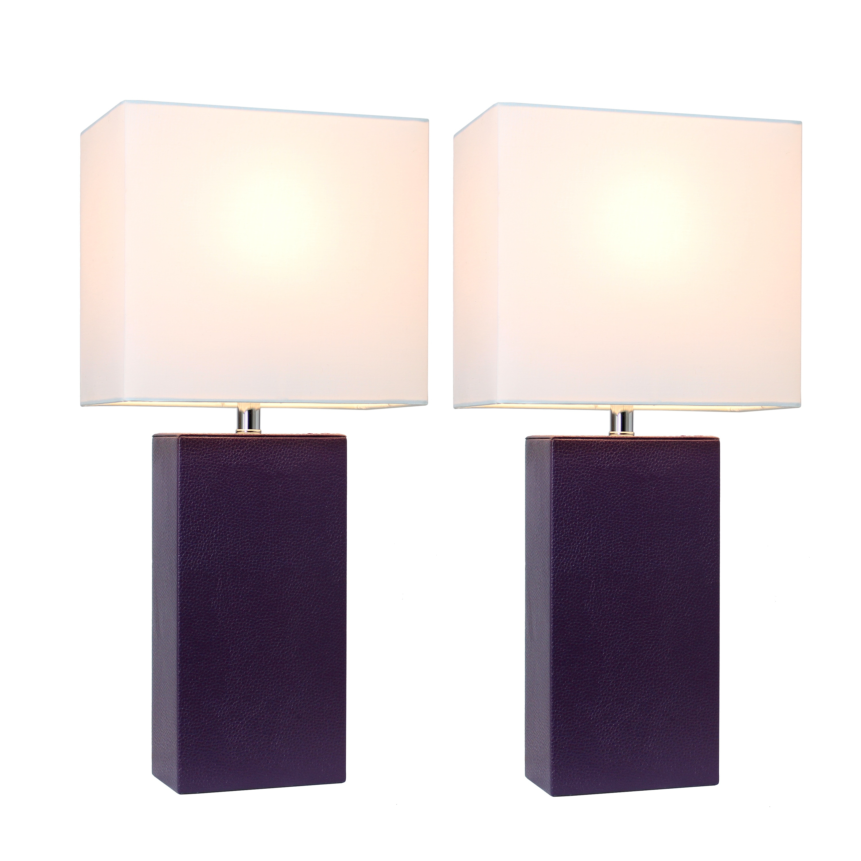 Eggplant Purple Leather Base Table Lamp Set with White Fabric Shade