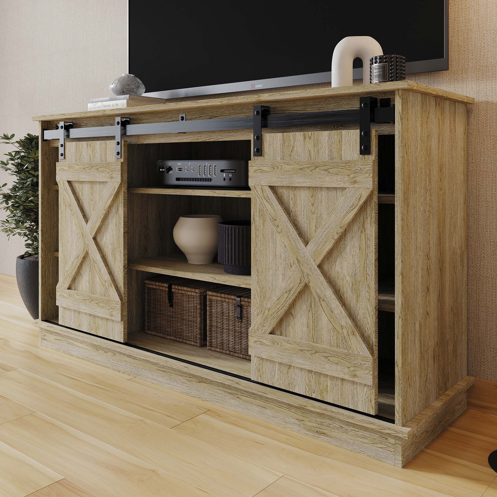 CasePiece C7030TV-LOK Farmhouse/Rustic Light Oak TV stand ( Accommodates TVs up to 52-in )