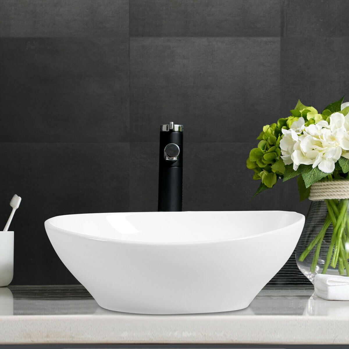 Goplus White Ceramic Vessel Oval Modern Bathroom Sink with Drain ...